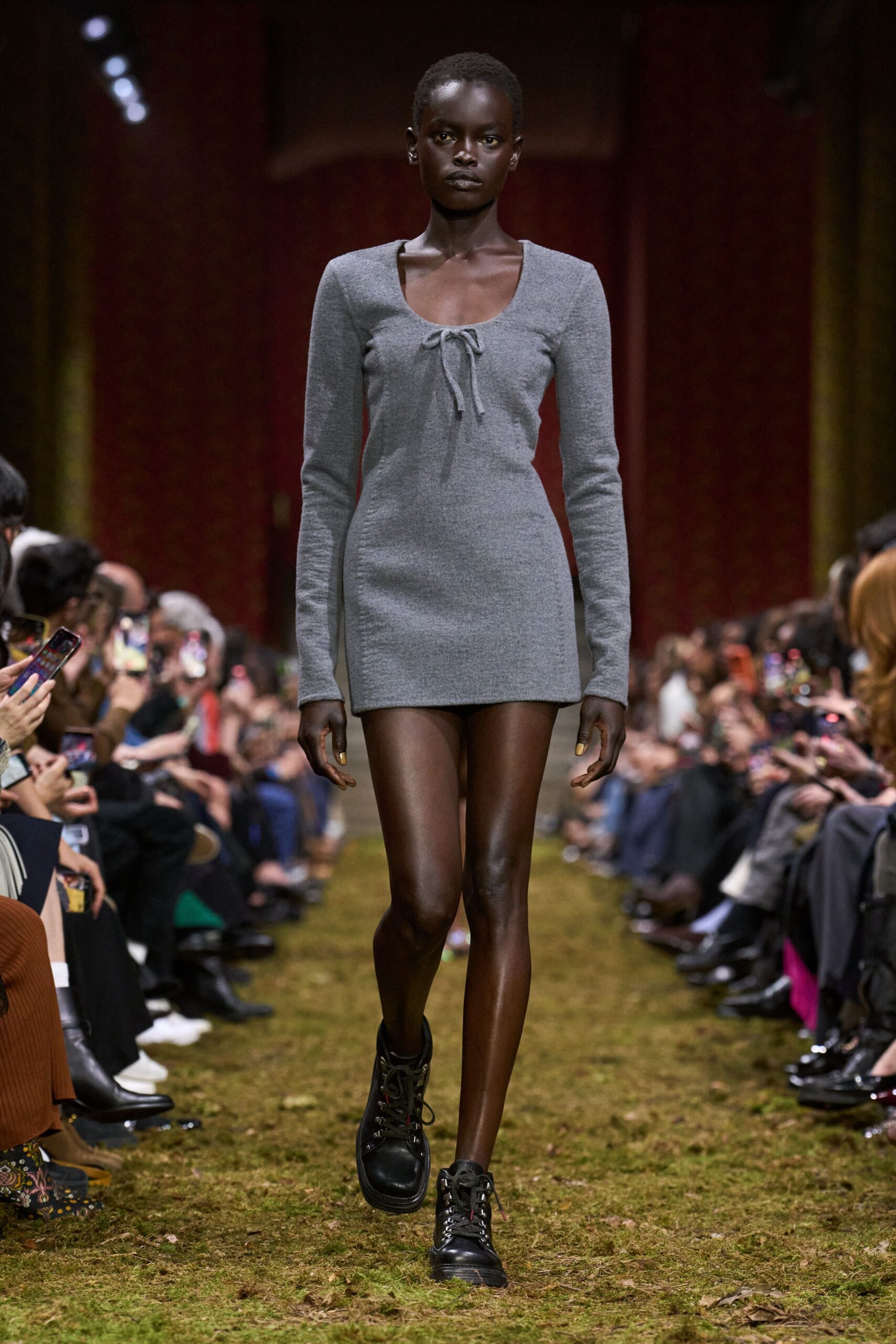 gray cotton long-sleeve scoop-neck fitted ruched mini dress