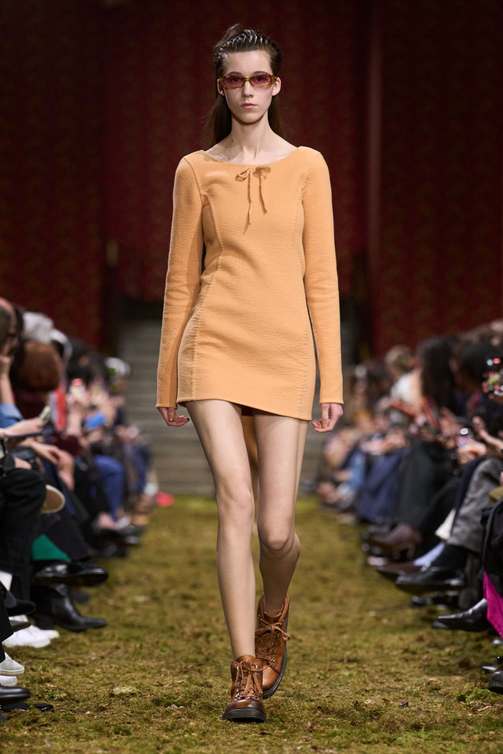 orange cotton long-sleeve scoop-neck fitted zippered mini mini-dress