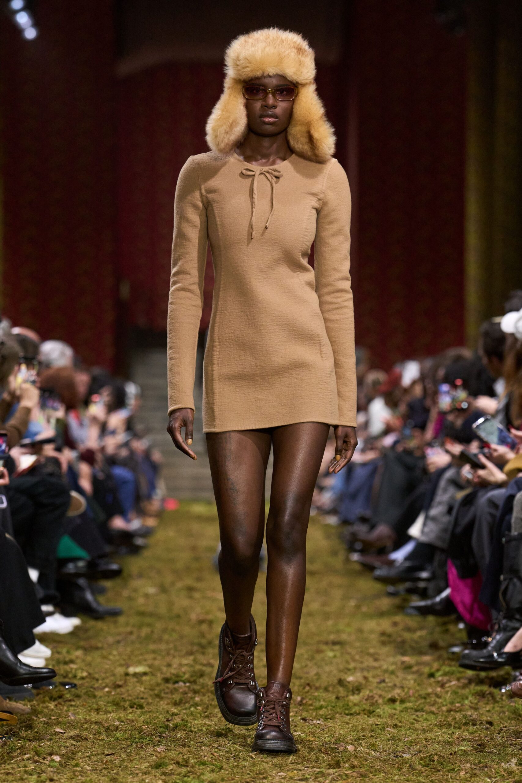 beige cotton long-sleeve collared fitted zippered mini mini-dress