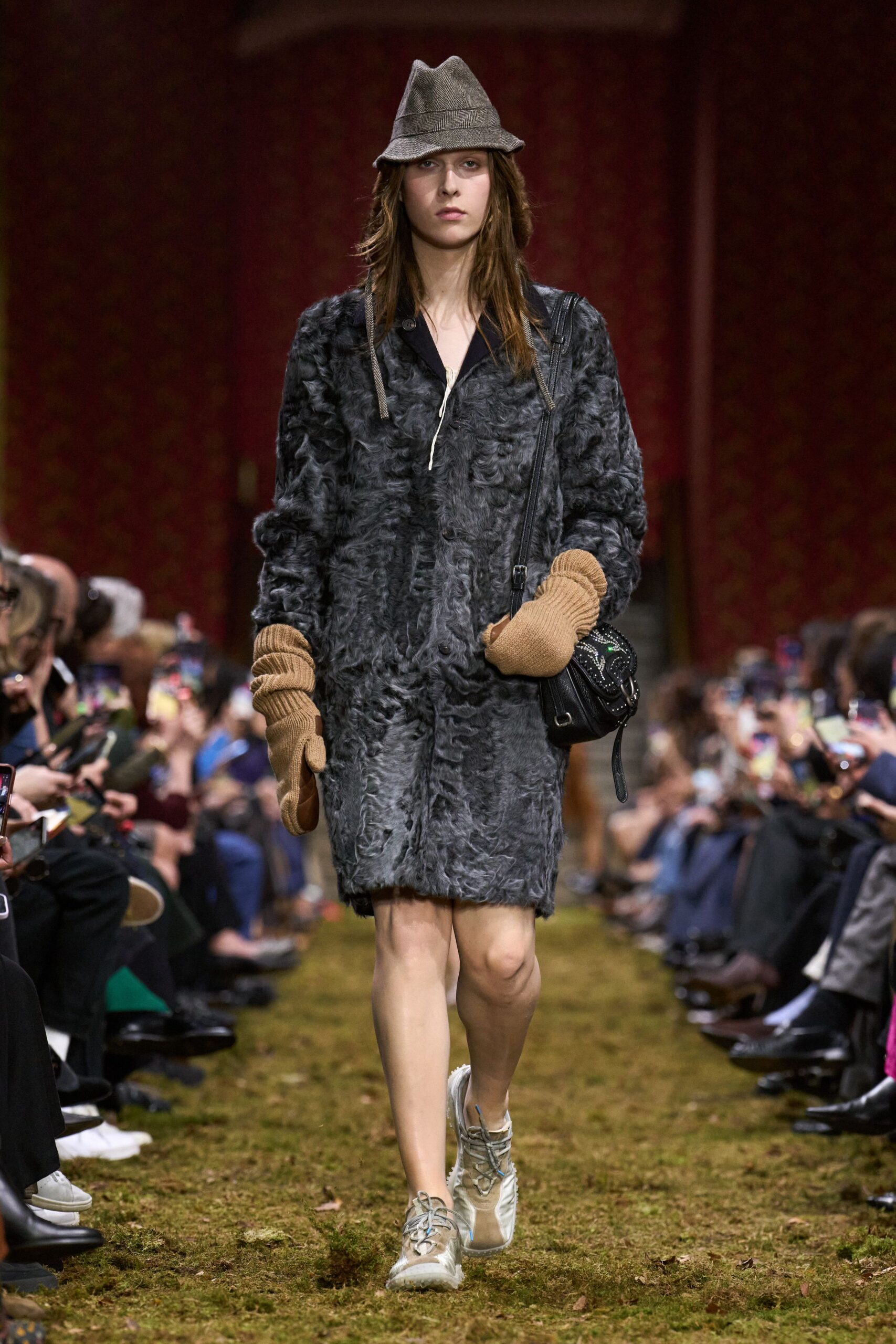 gray faux-fur long-sleeve collared relaxed textured midi coat