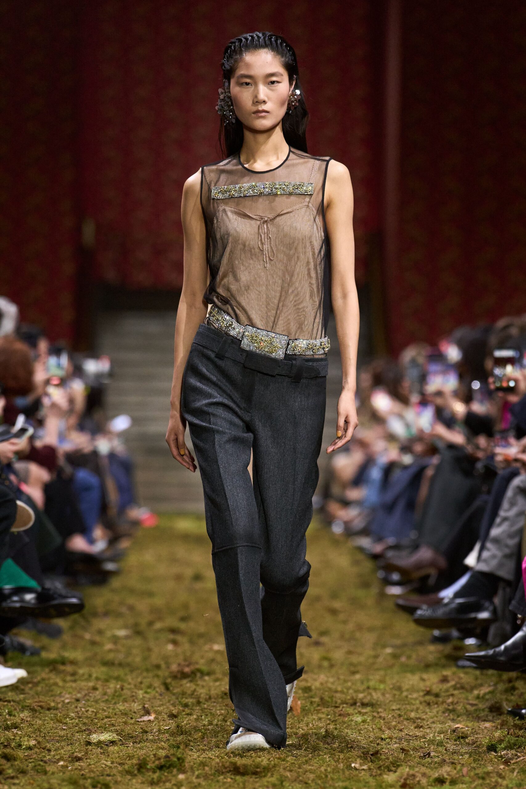 brown silk sleeveless v-neck fitted embroidered sheer top