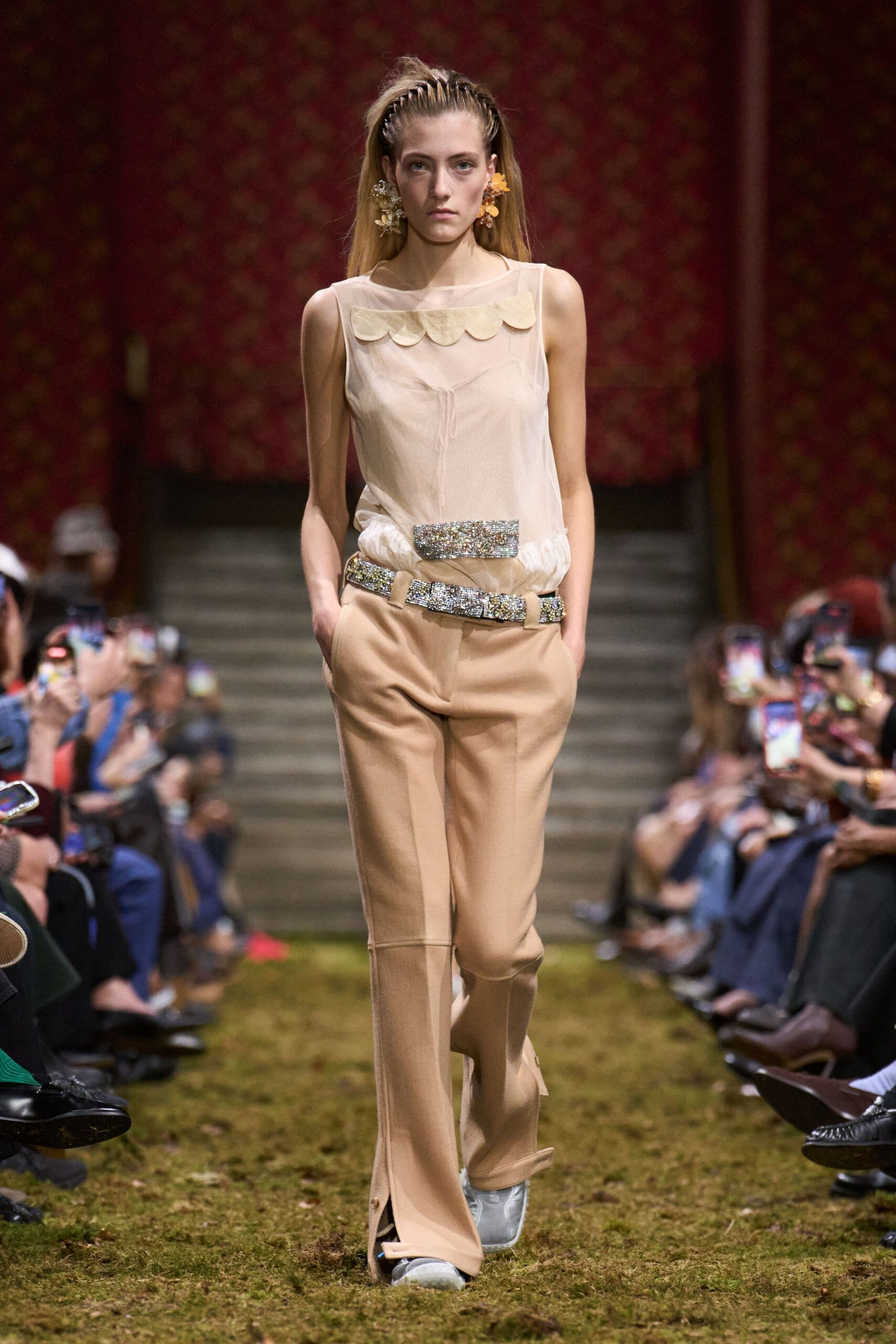 beige silk sleeveless high-neck fitted pleated top