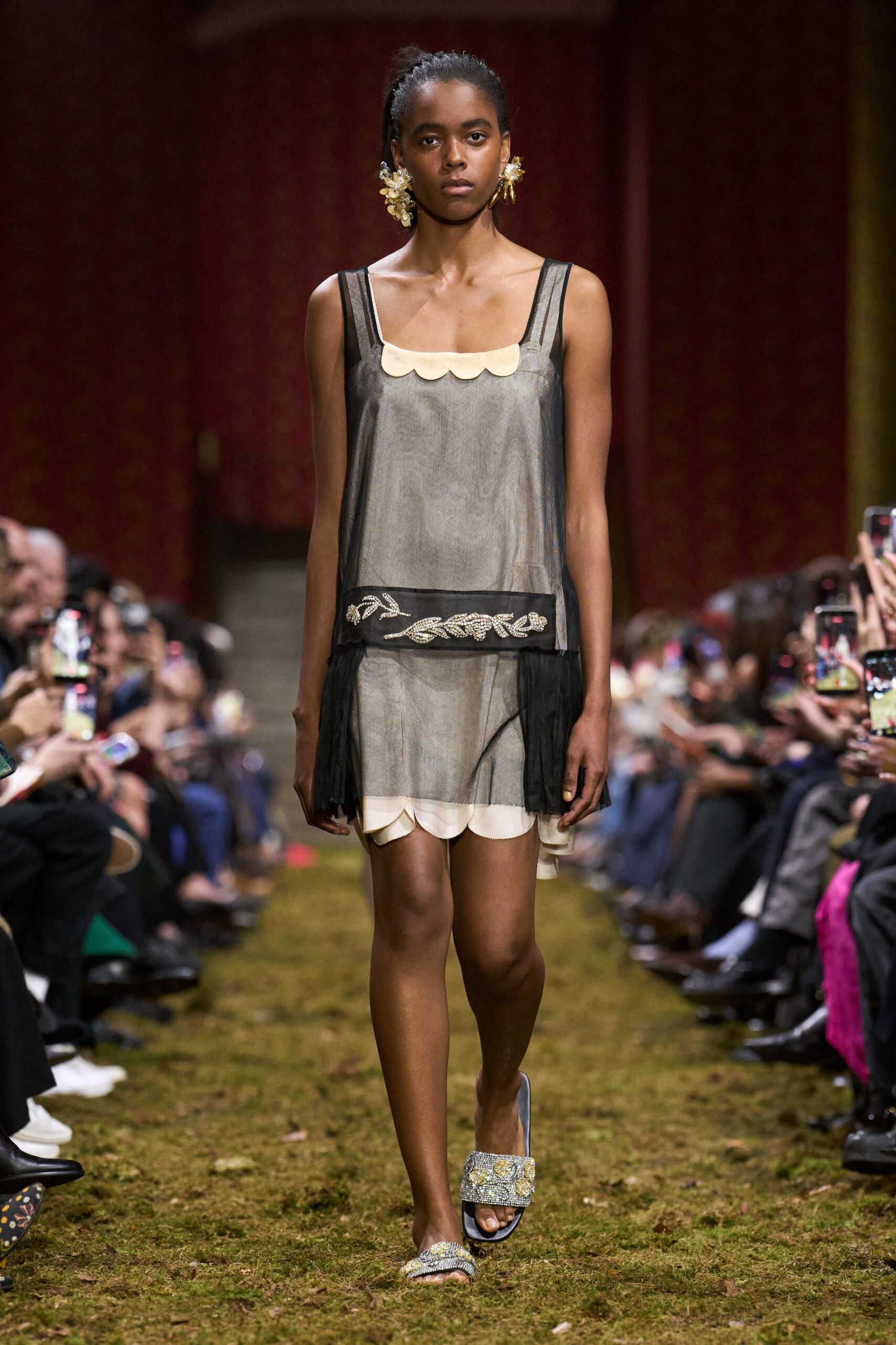gray silk sleeveless v-neck fitted layered embroidered dress
