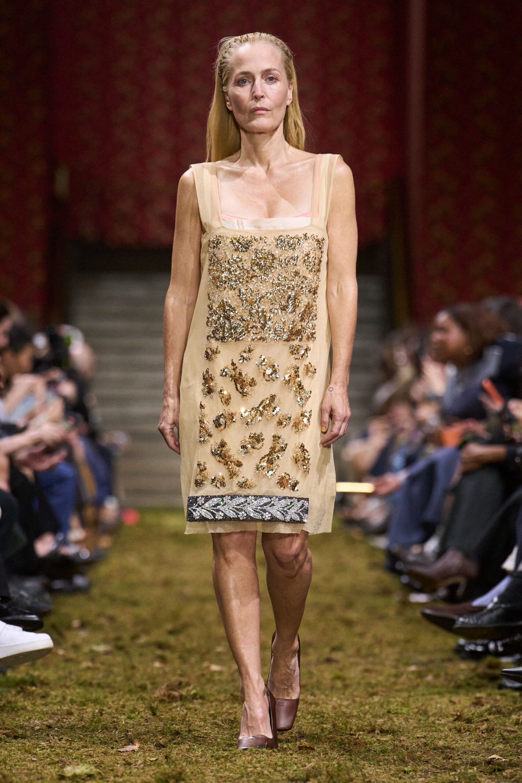 beige silk sleeveless square-neck fitted embroidered beaded dress
