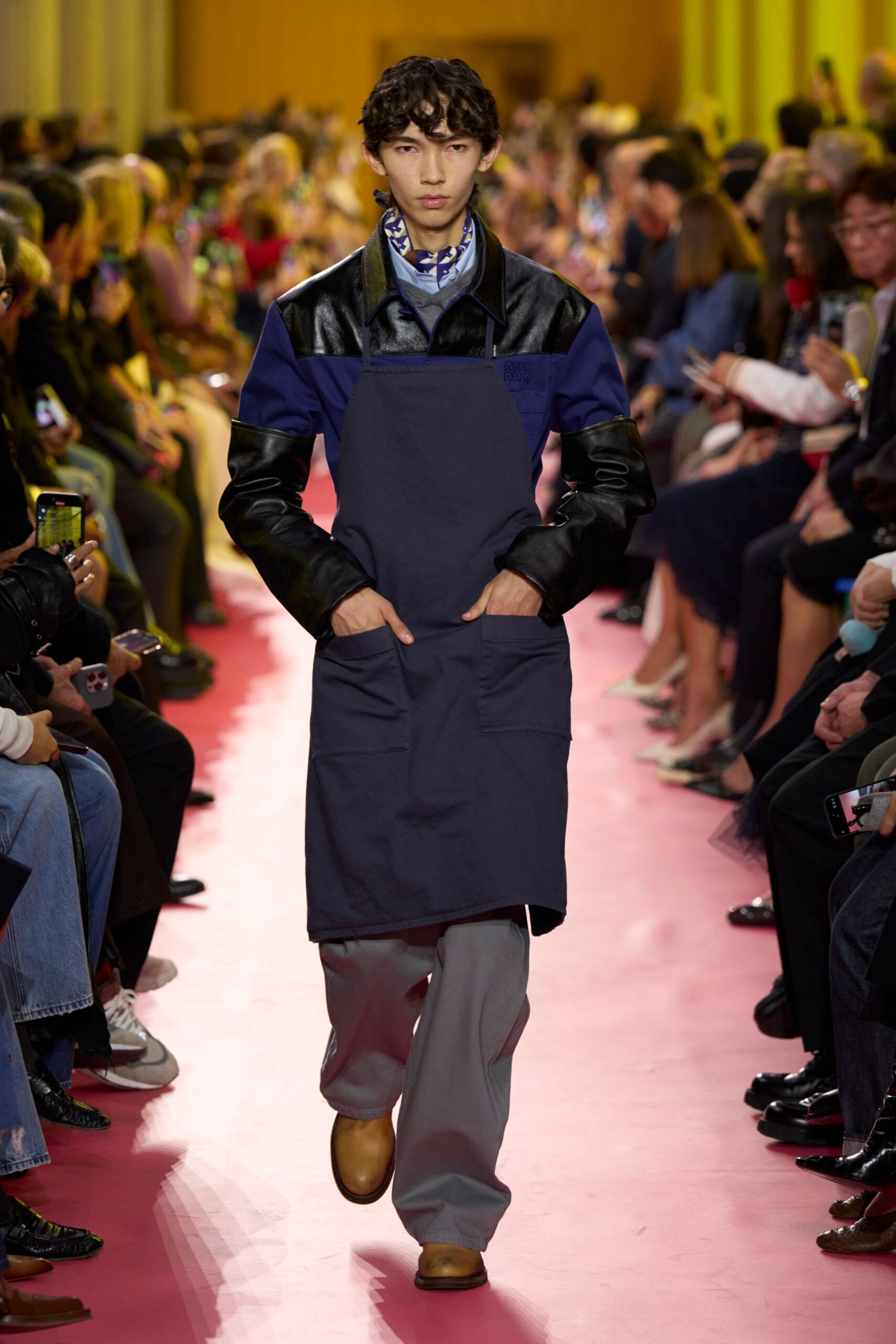 black and blue relaxed jacket with gray pants