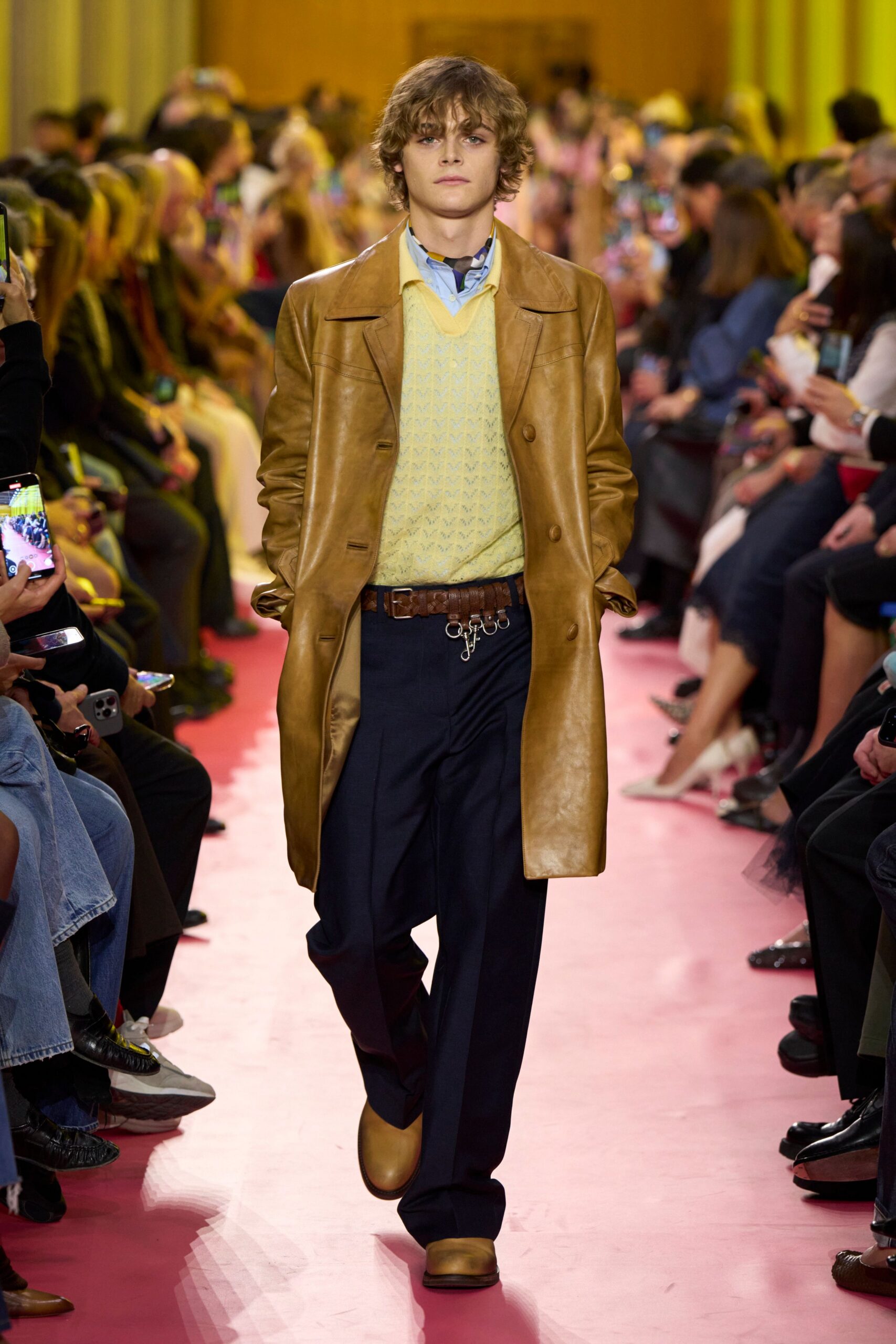 brown leather long-sleeve fitted buttoned coat