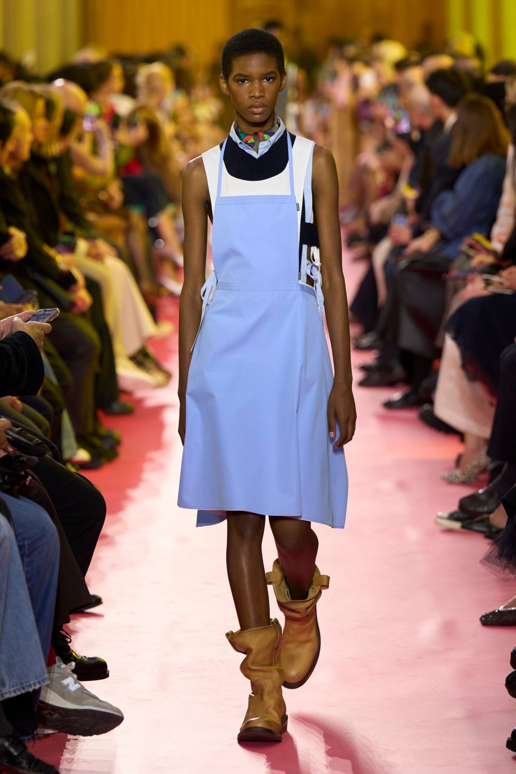 blue cotton sleeveless collared fitted pockets midi dress