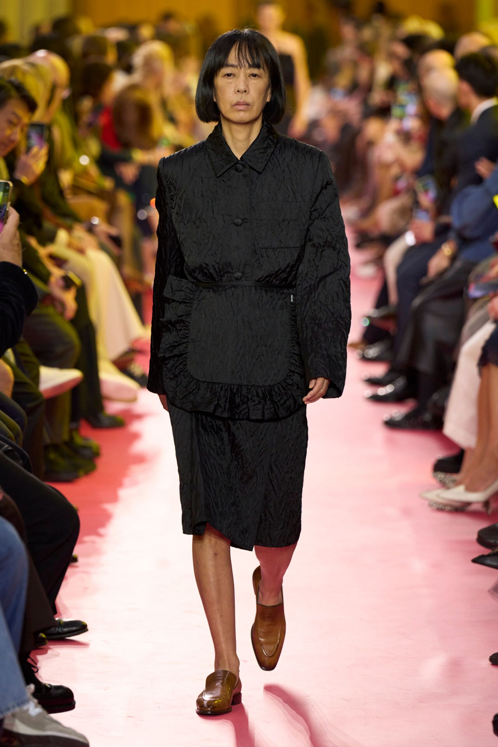 black cotton long-sleeve collared relaxed pleated midi dress