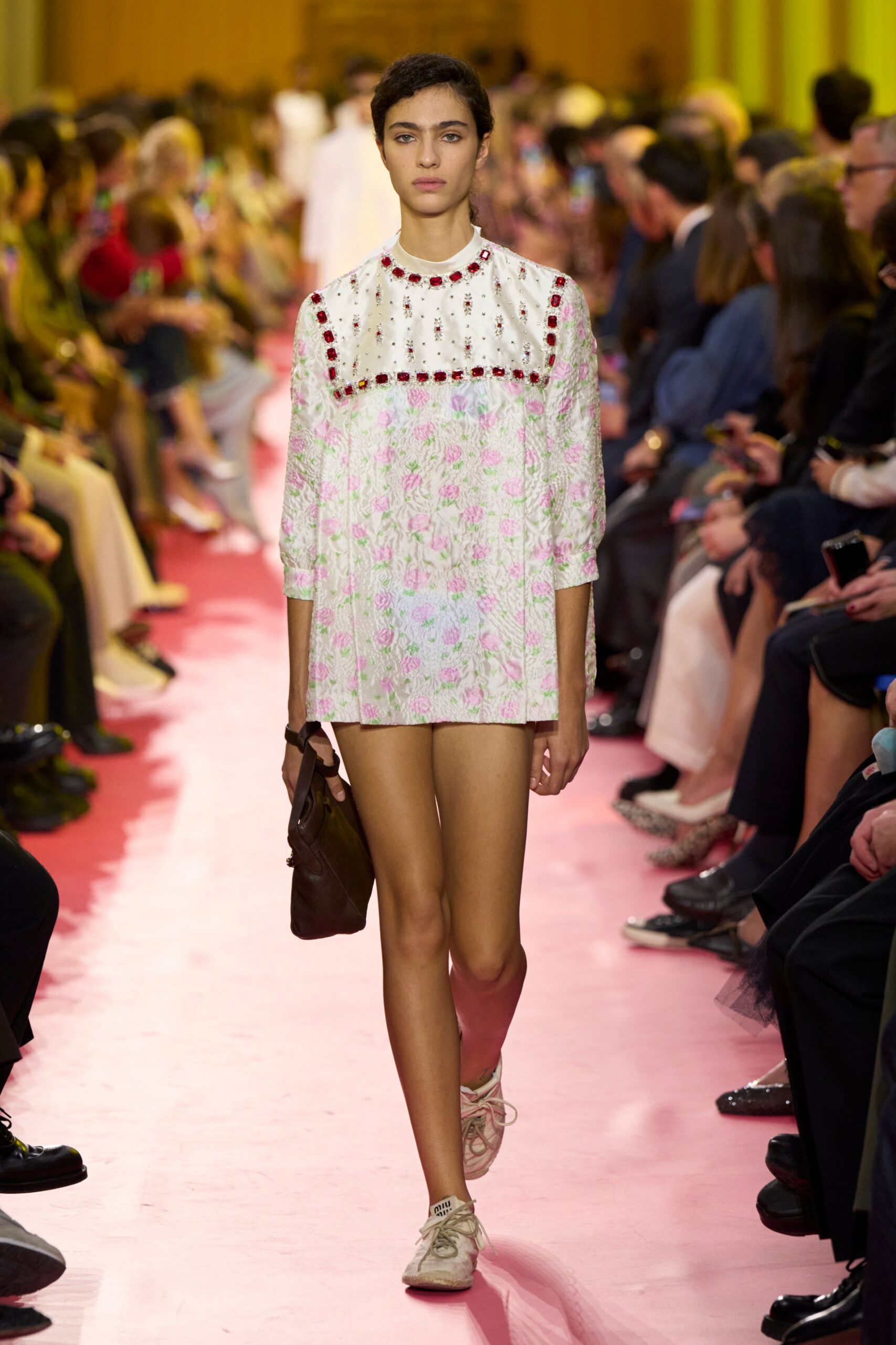 white cotton long-sleeve collared fitted floral embroidered mini-dress