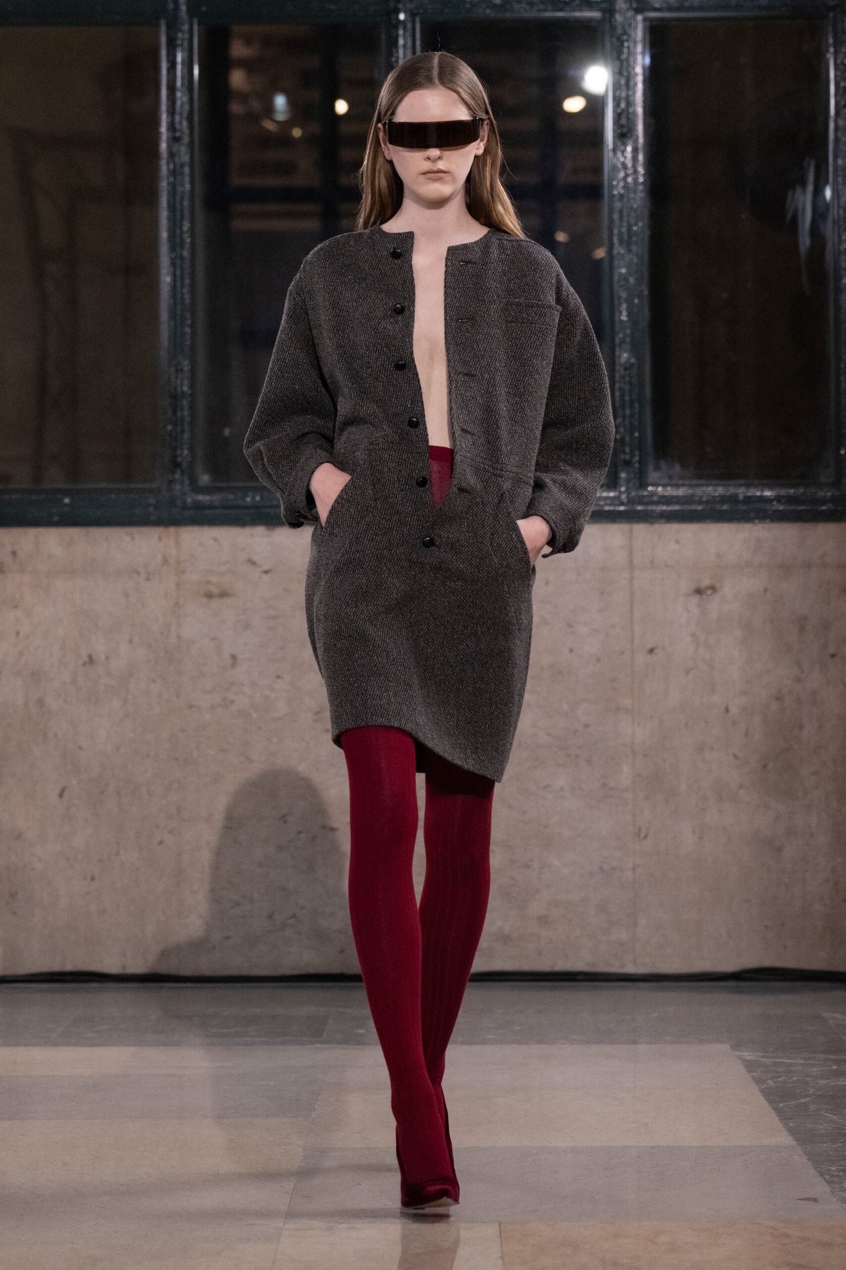 gray wool long-sleeve collared relaxed buttoned pockets dress