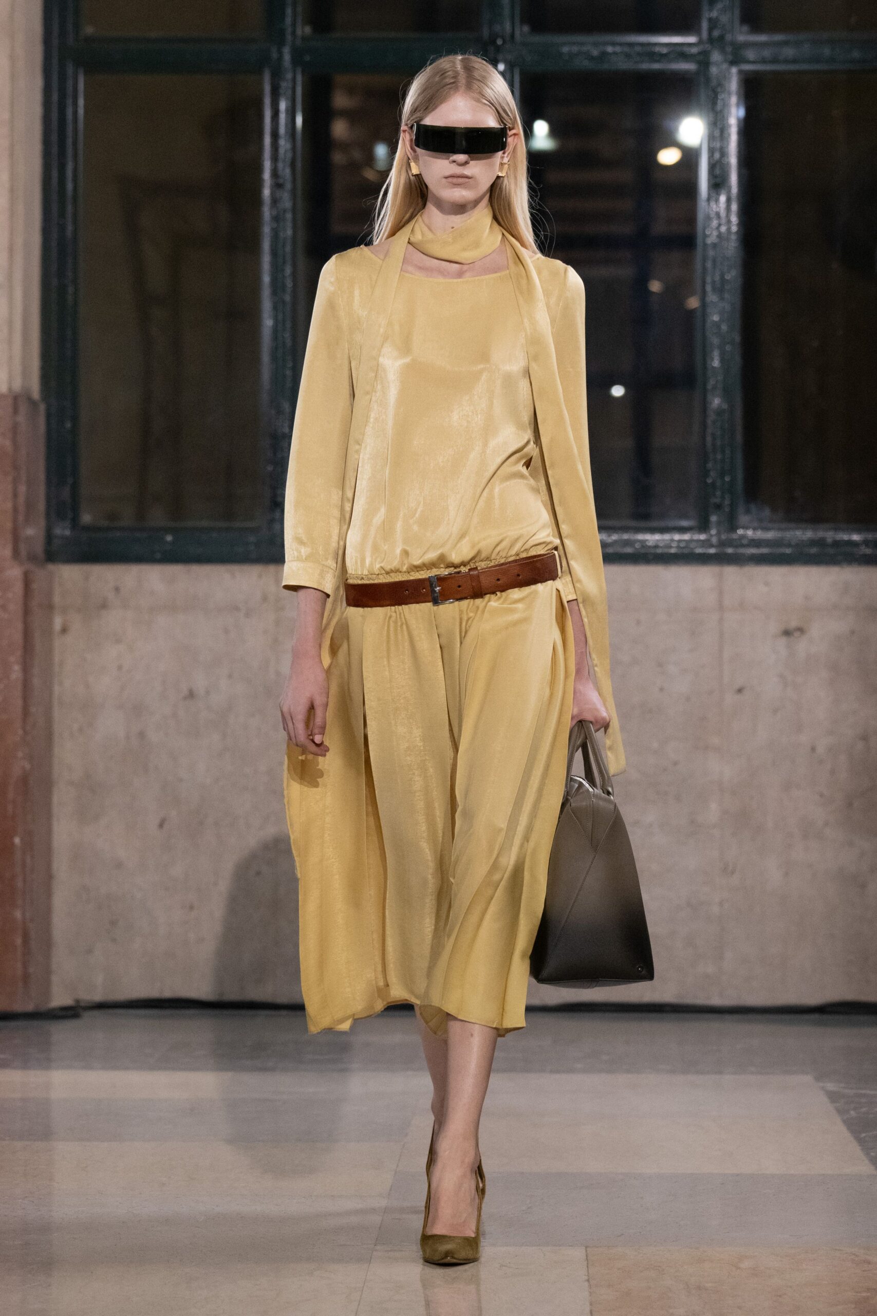 yellow silk sleeveless v-neck relaxed draped shiny dress