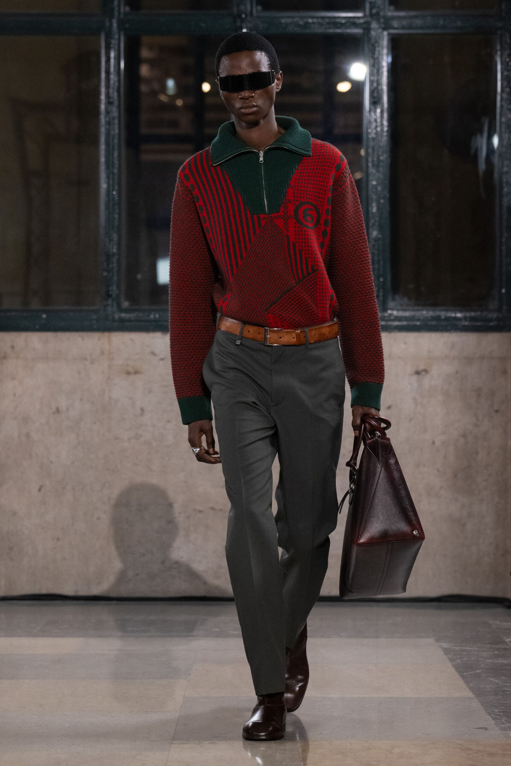 red wool long-sleeve collared fitted printed sweater