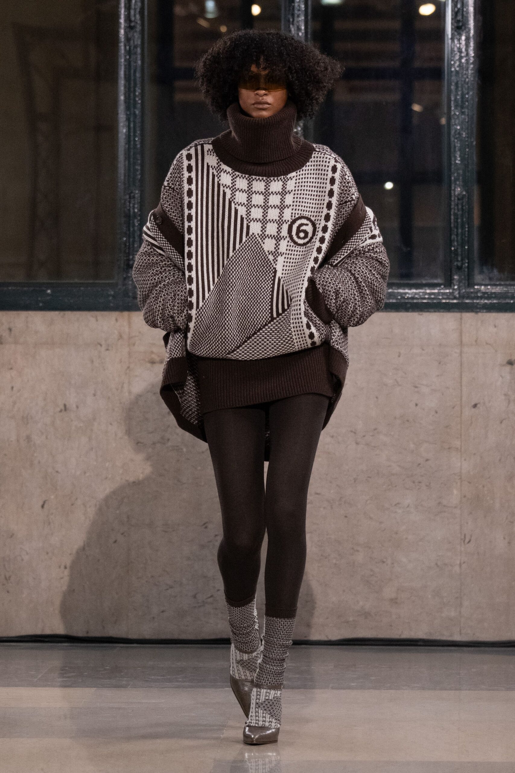 brown wool long-sleeve turtleneck oversized printed sweater
