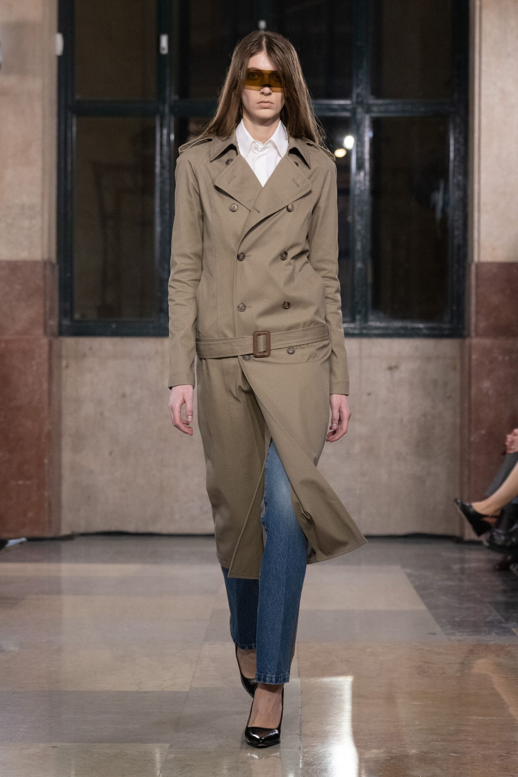 beige cotton long-sleeve collared tailored belted trench