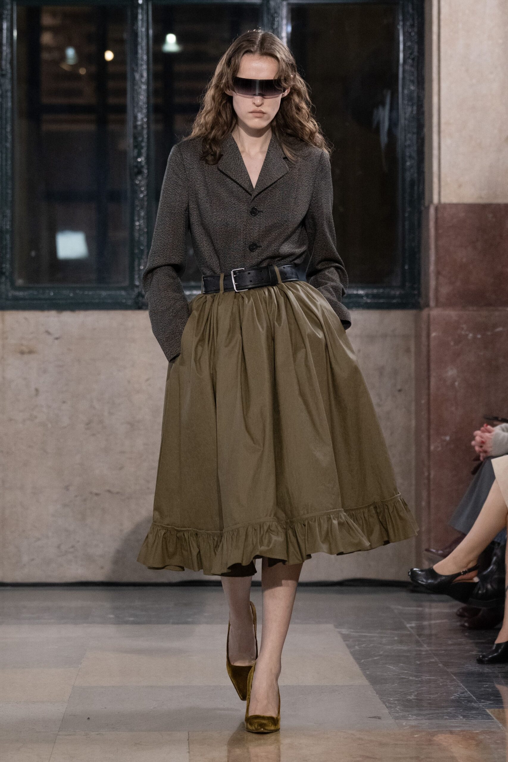 green cotton relaxed high-waisted pleated ruffled midi skirt