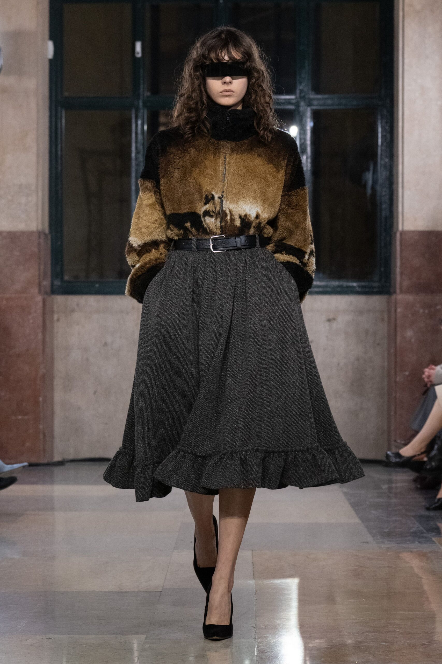 gray wool fitted high-waisted pleated tiered midi skirt