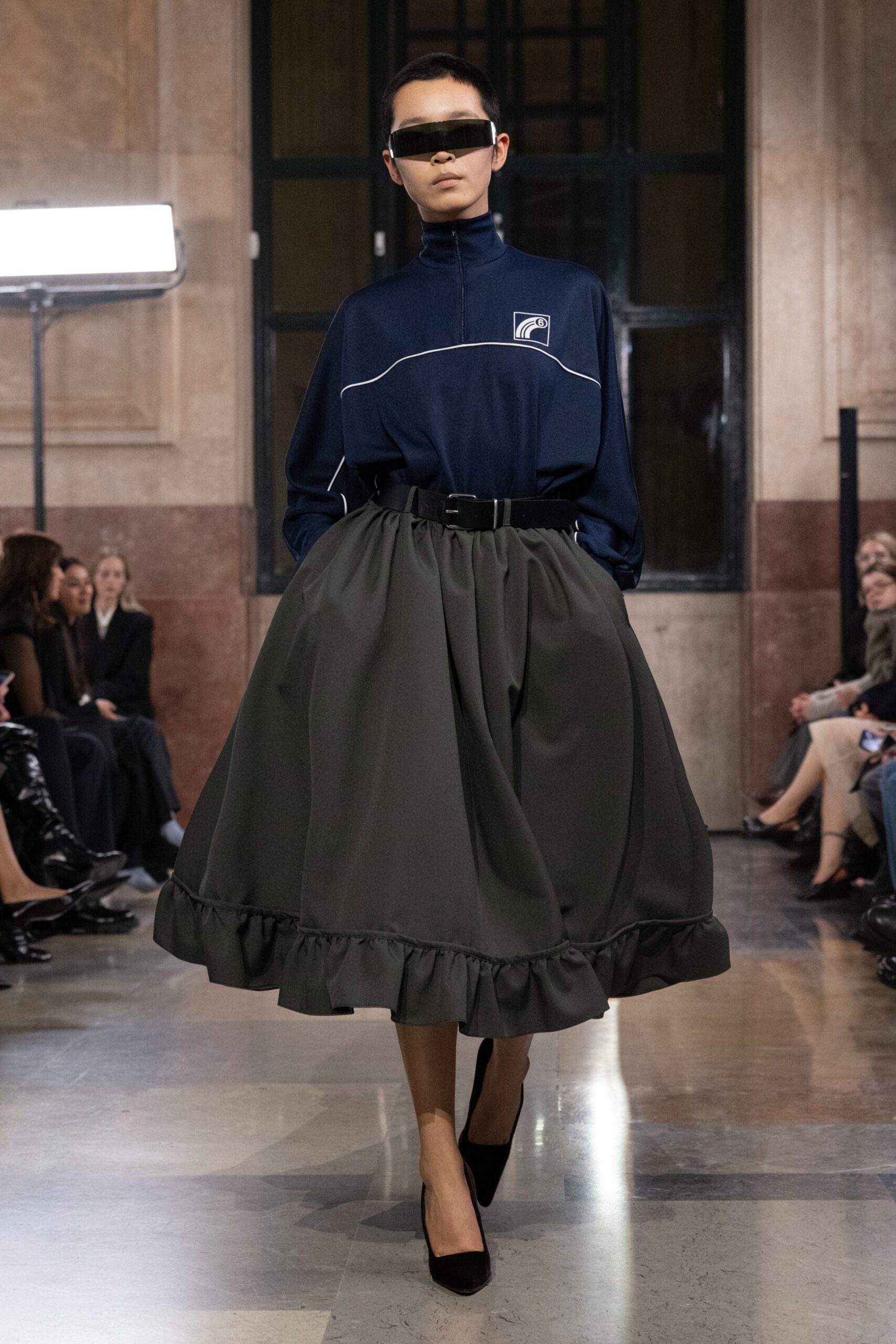 gray cotton fitted pleated tiered midi skirt