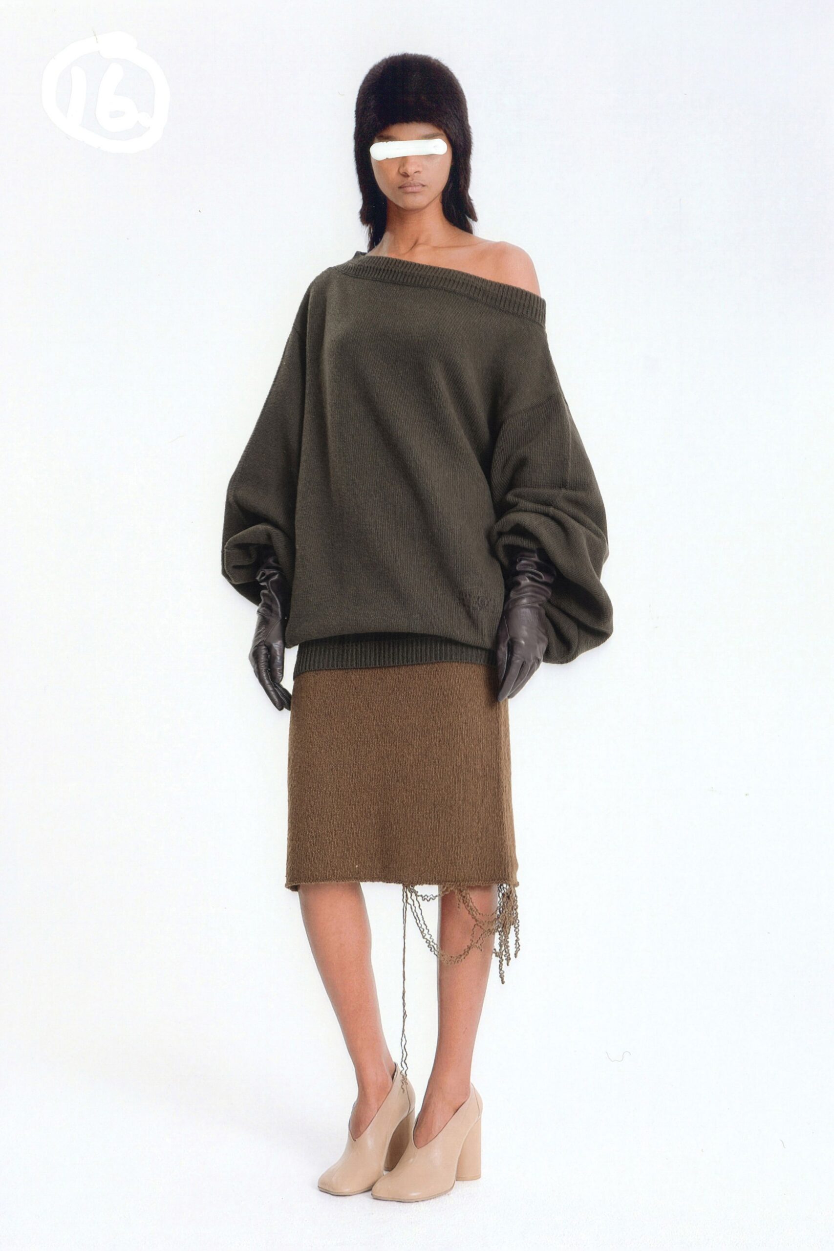 oversized green sweater with brown skirt