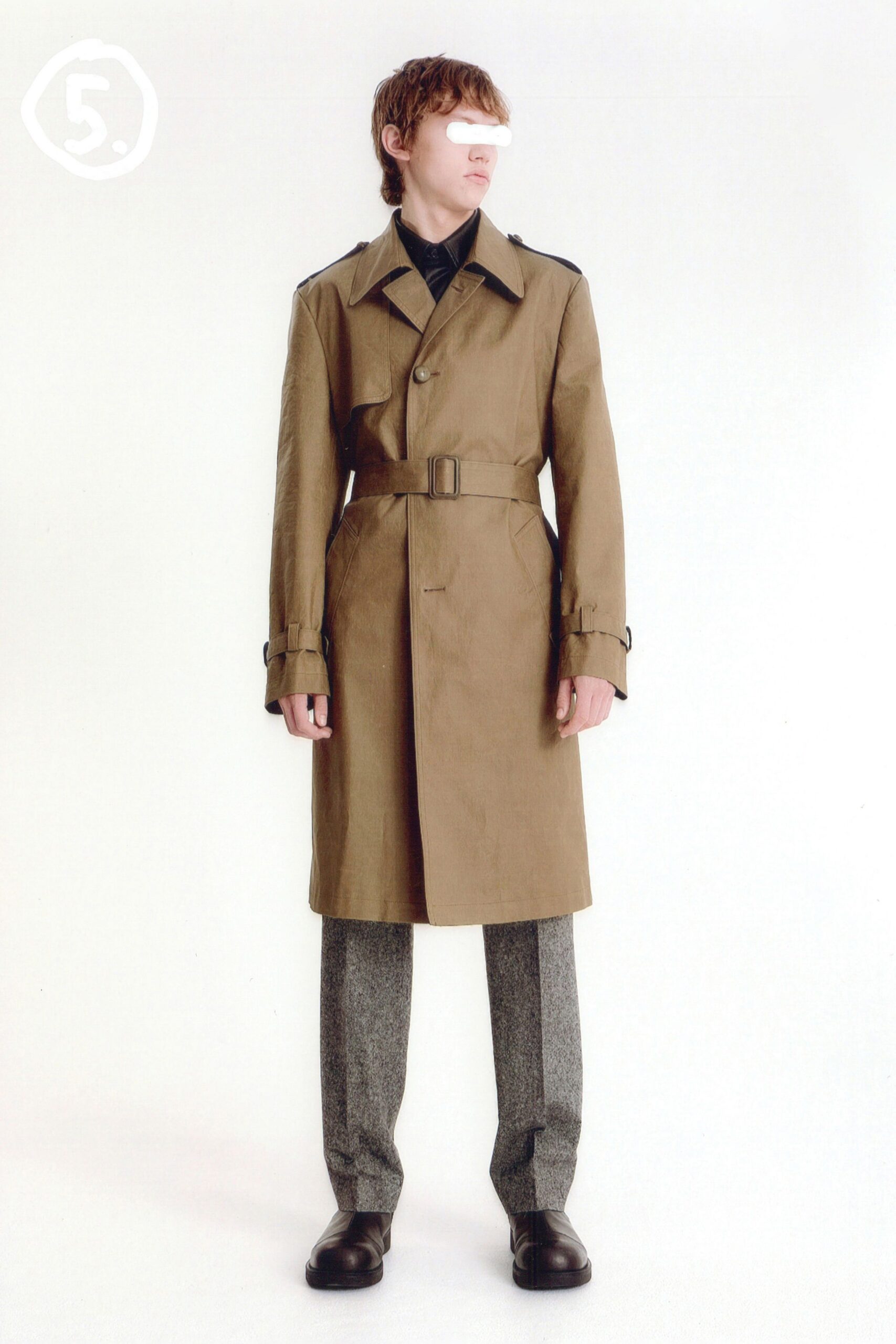 brown cotton long-sleeve collared tailored belted trench