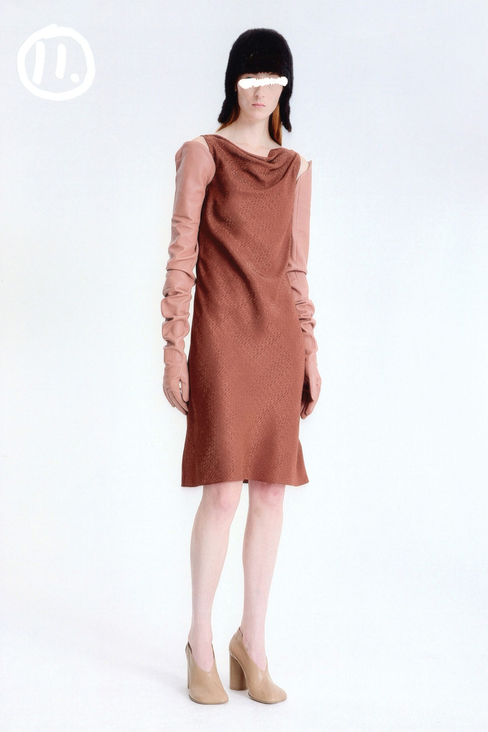 brown silk long-sleeve v-neck fitted textured mini dress
