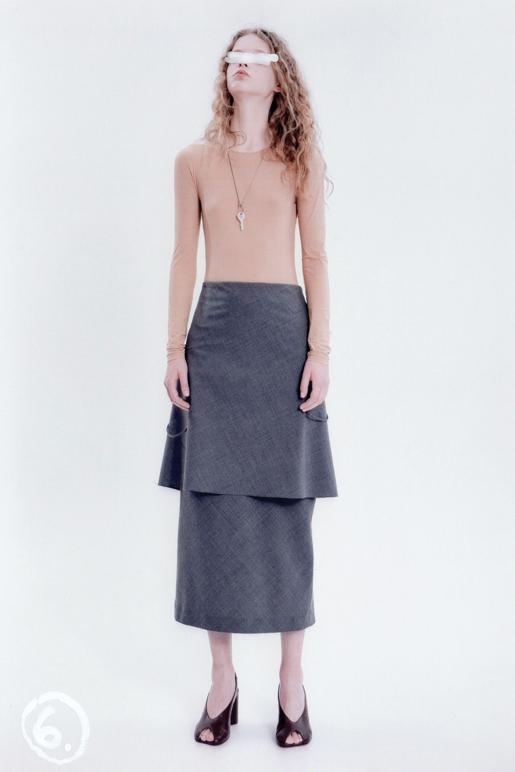 gray wool asymmetric fitted layered midi skirt