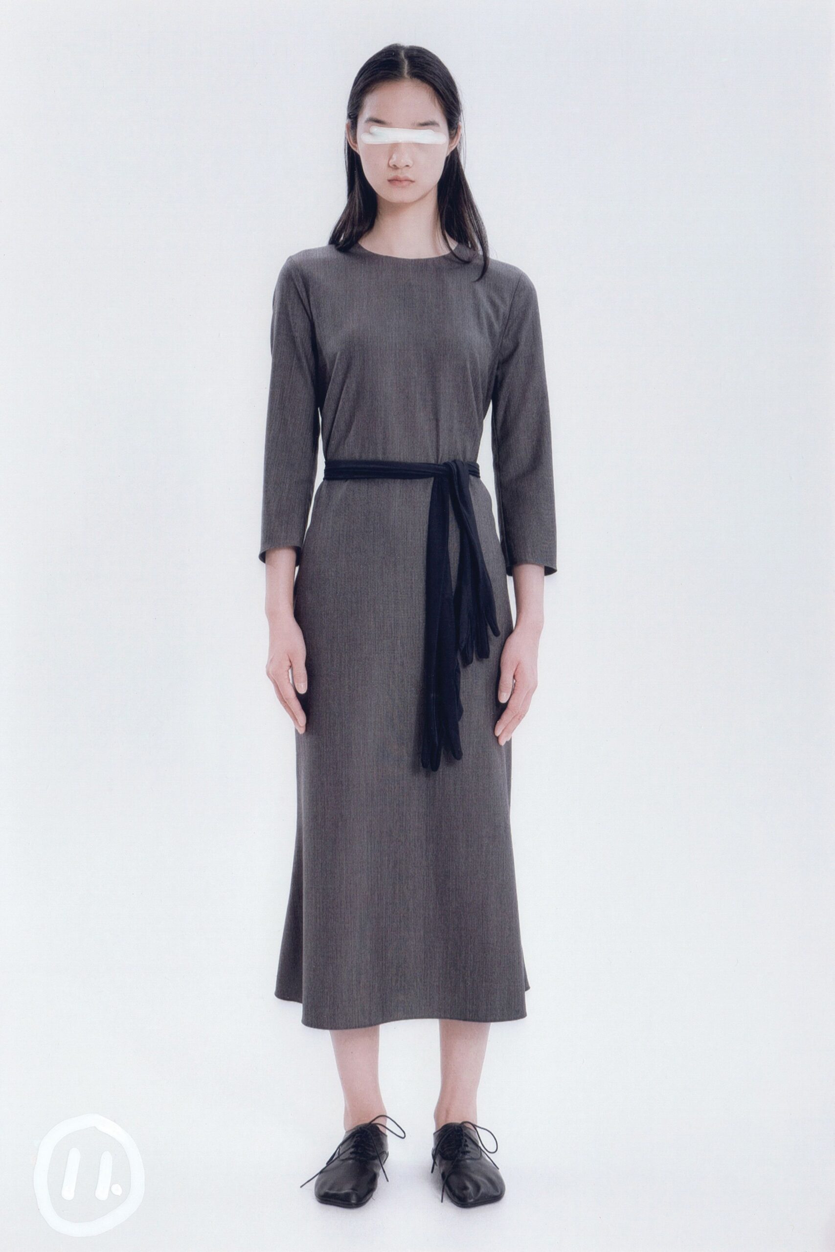 gray cotton long-sleeve collared fitted belted straight-leg dress