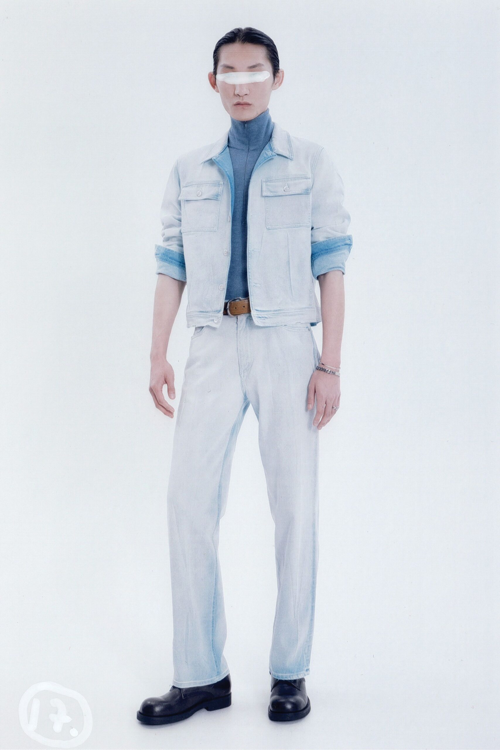 blue denim long-sleeve collared fitted buttoned jacket