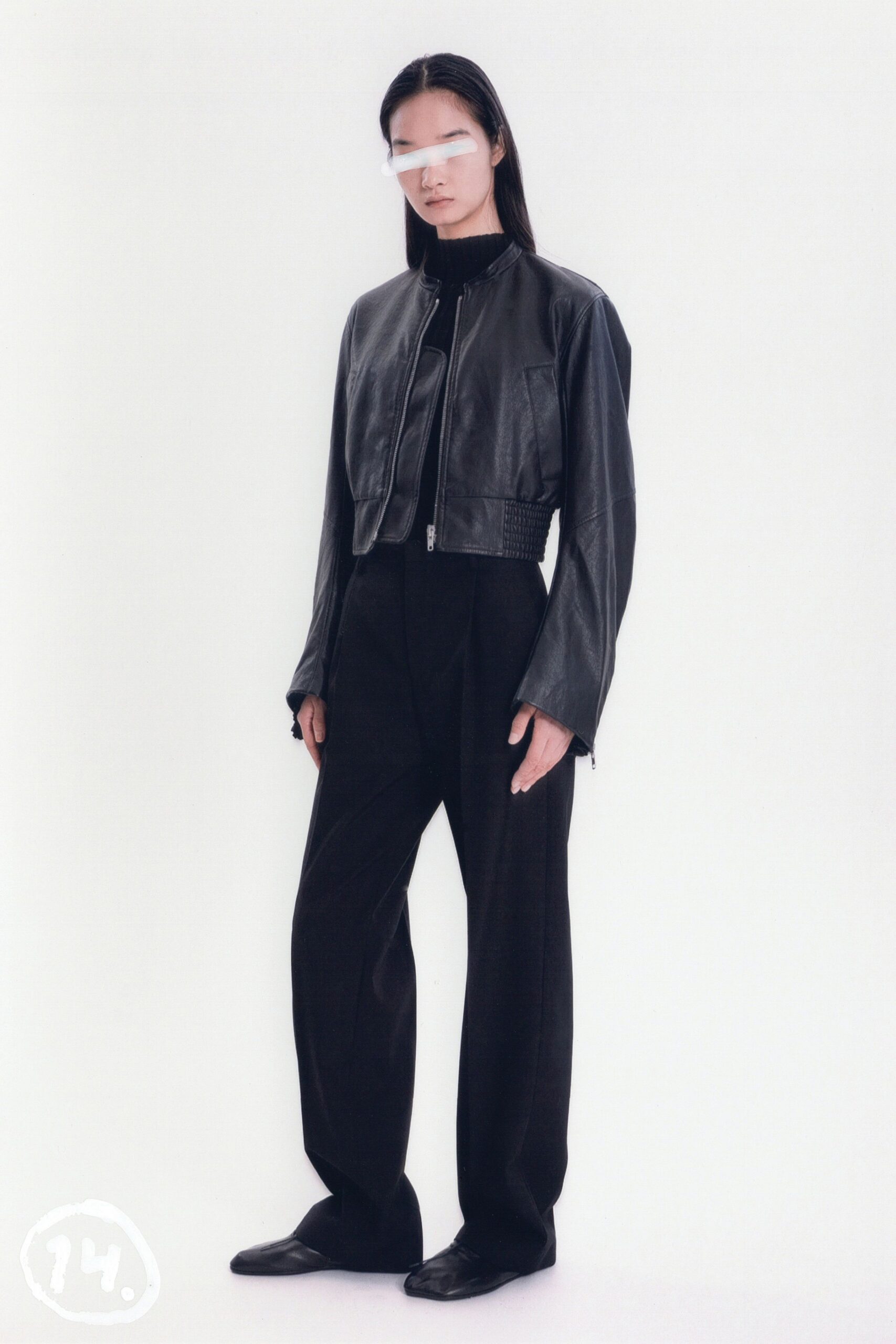 black leather long-sleeve collared fitted jacket