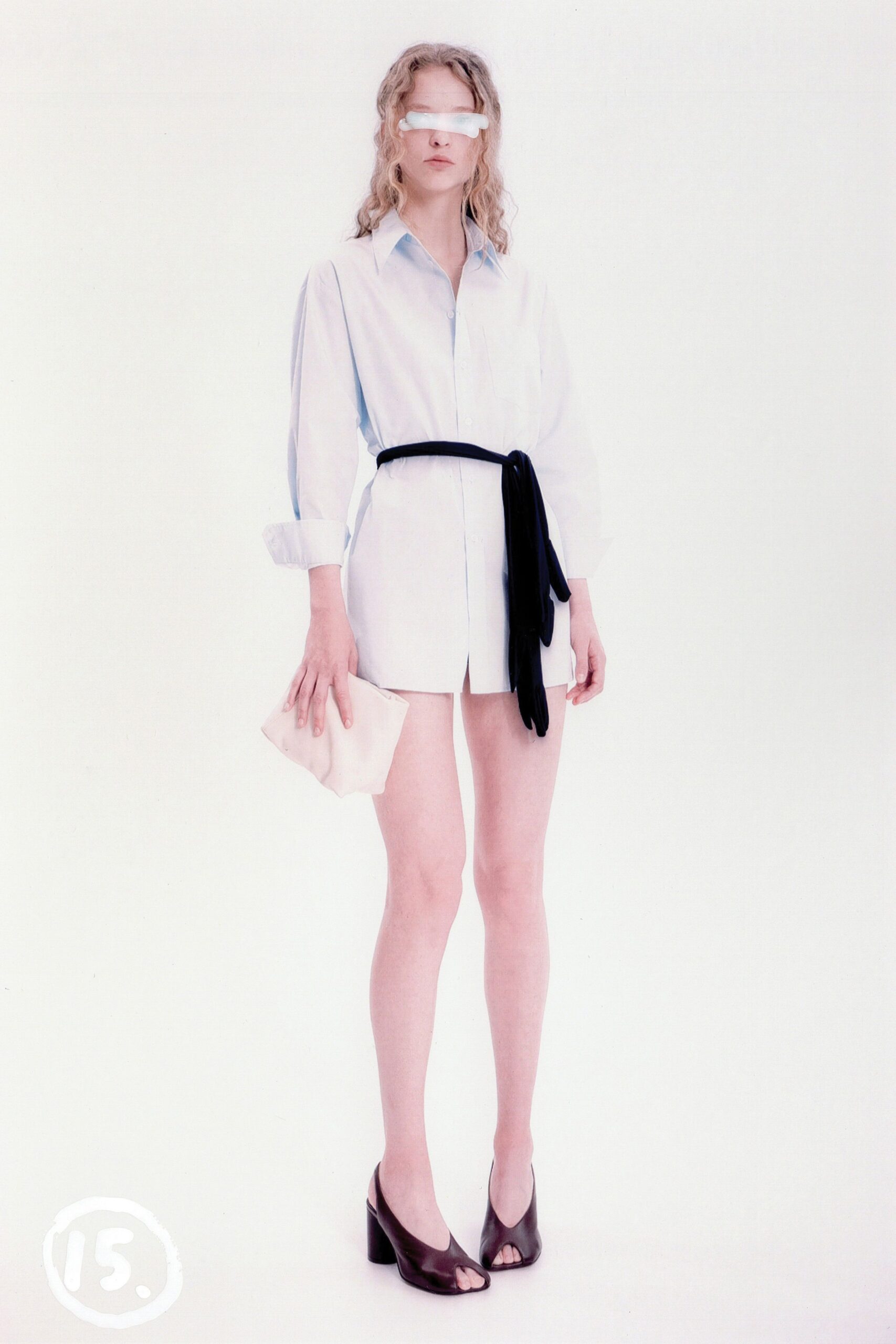 white cotton long-sleeve collared fitted buttoned short shirt-dress