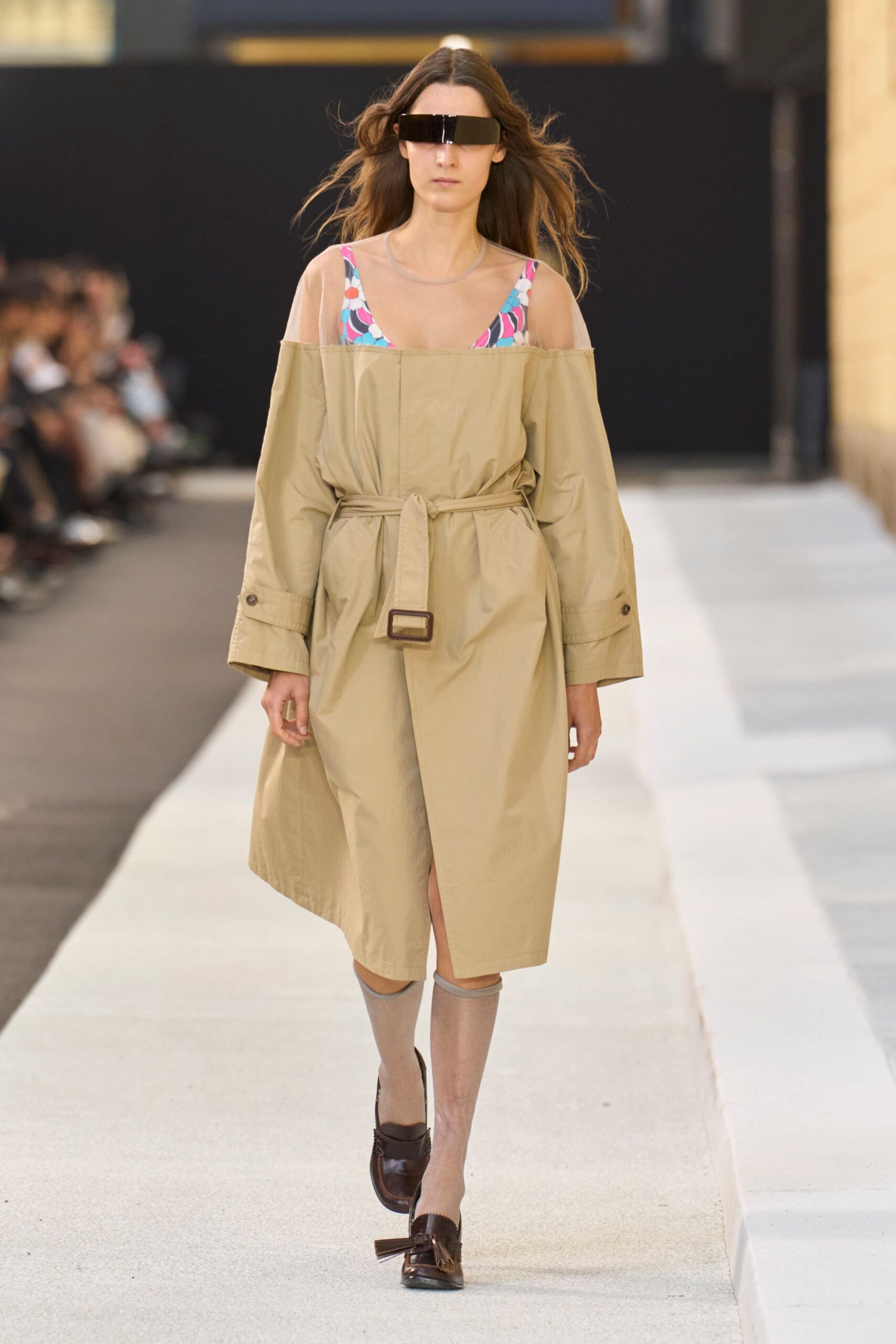 beige cotton long-sleeve off-shoulder relaxed belted midi coat