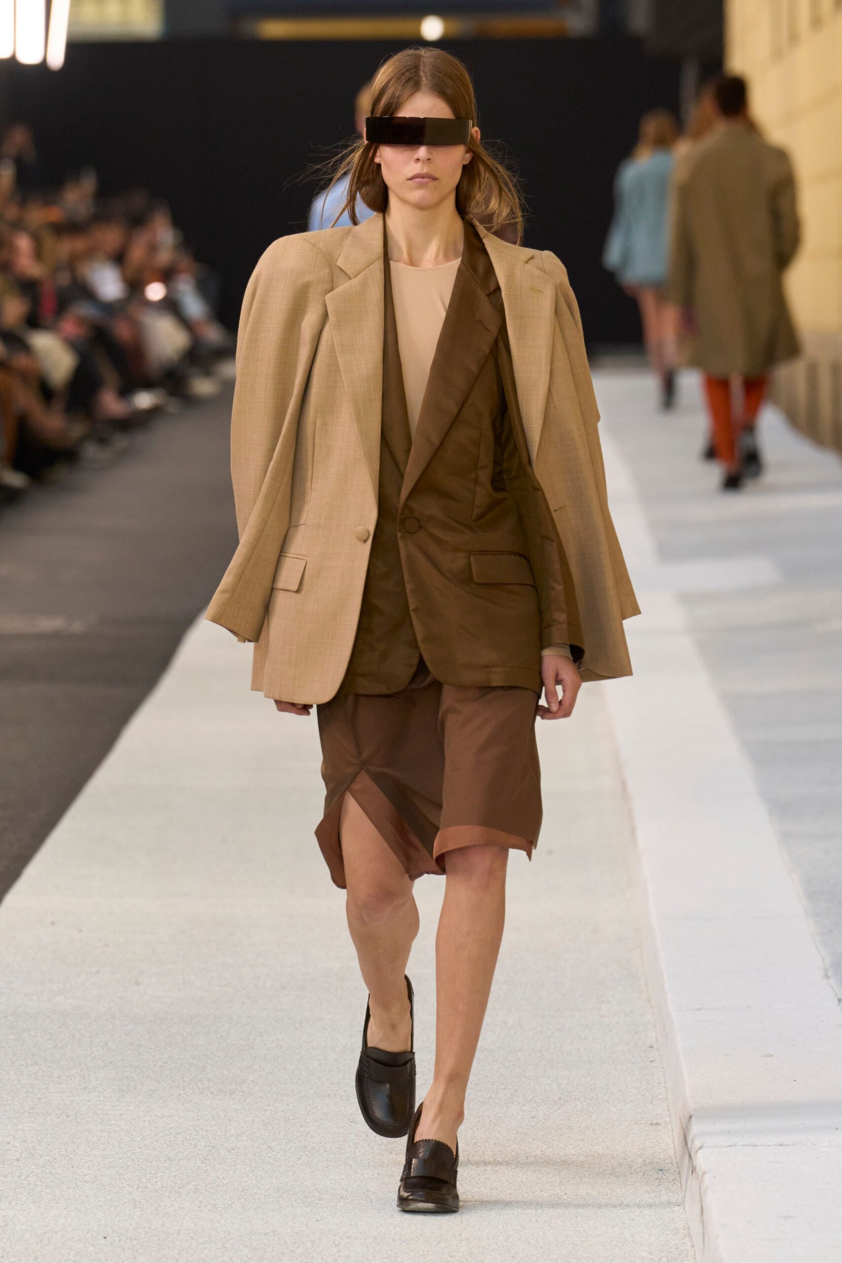 brown cotton asymmetric fitted pleated midi skirt