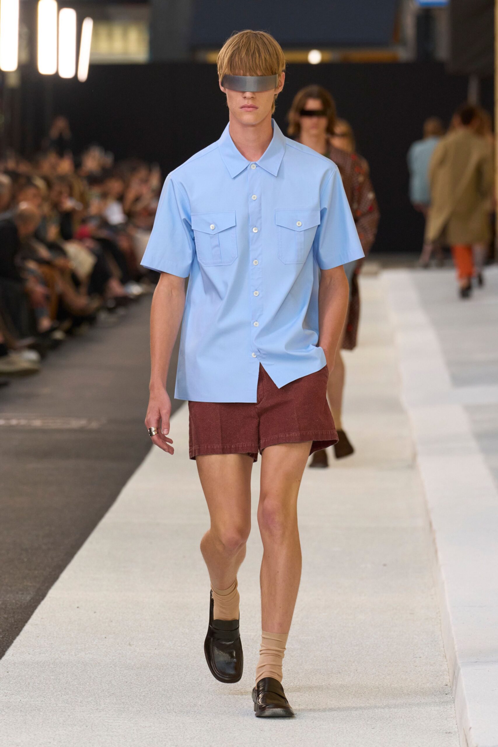 blue cotton shirt with brown shorts