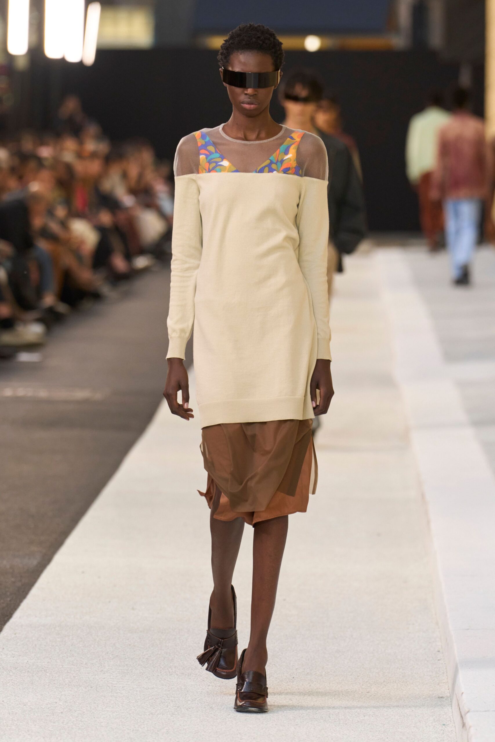 beige cotton long-sleeve off-shoulder fitted layered midi dress