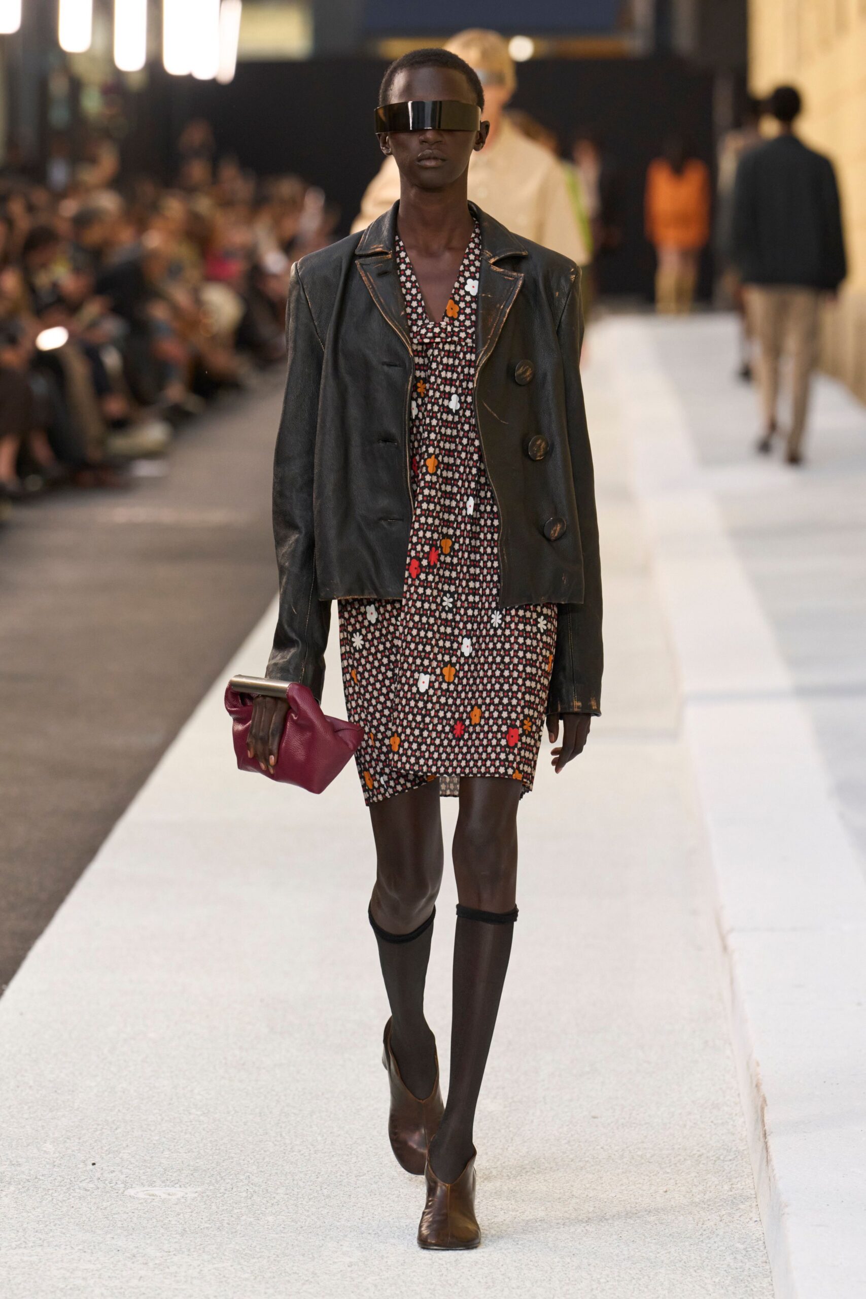 brown printed mini dress with oversized black jacket