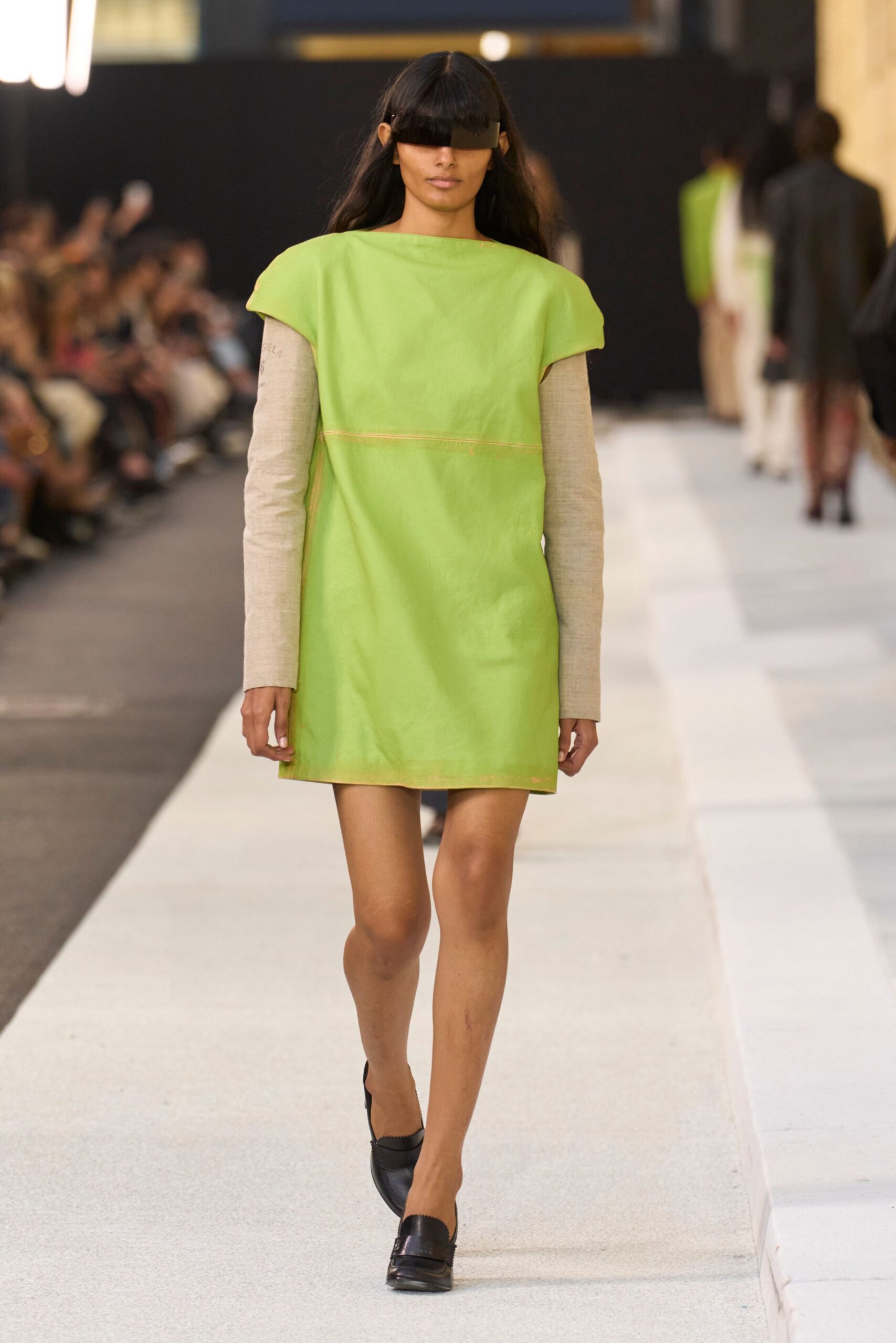 green cotton sleeveless high-neck fitted straight-leg mini dress