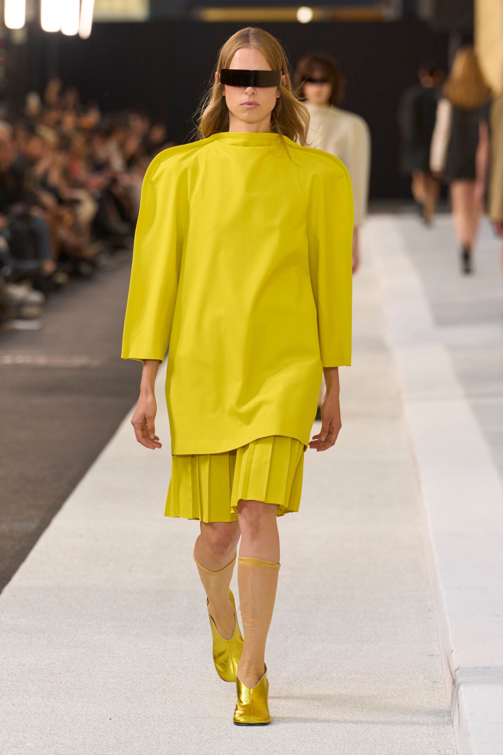 yellow cotton long-sleeve high-neck fitted pleated mini dress