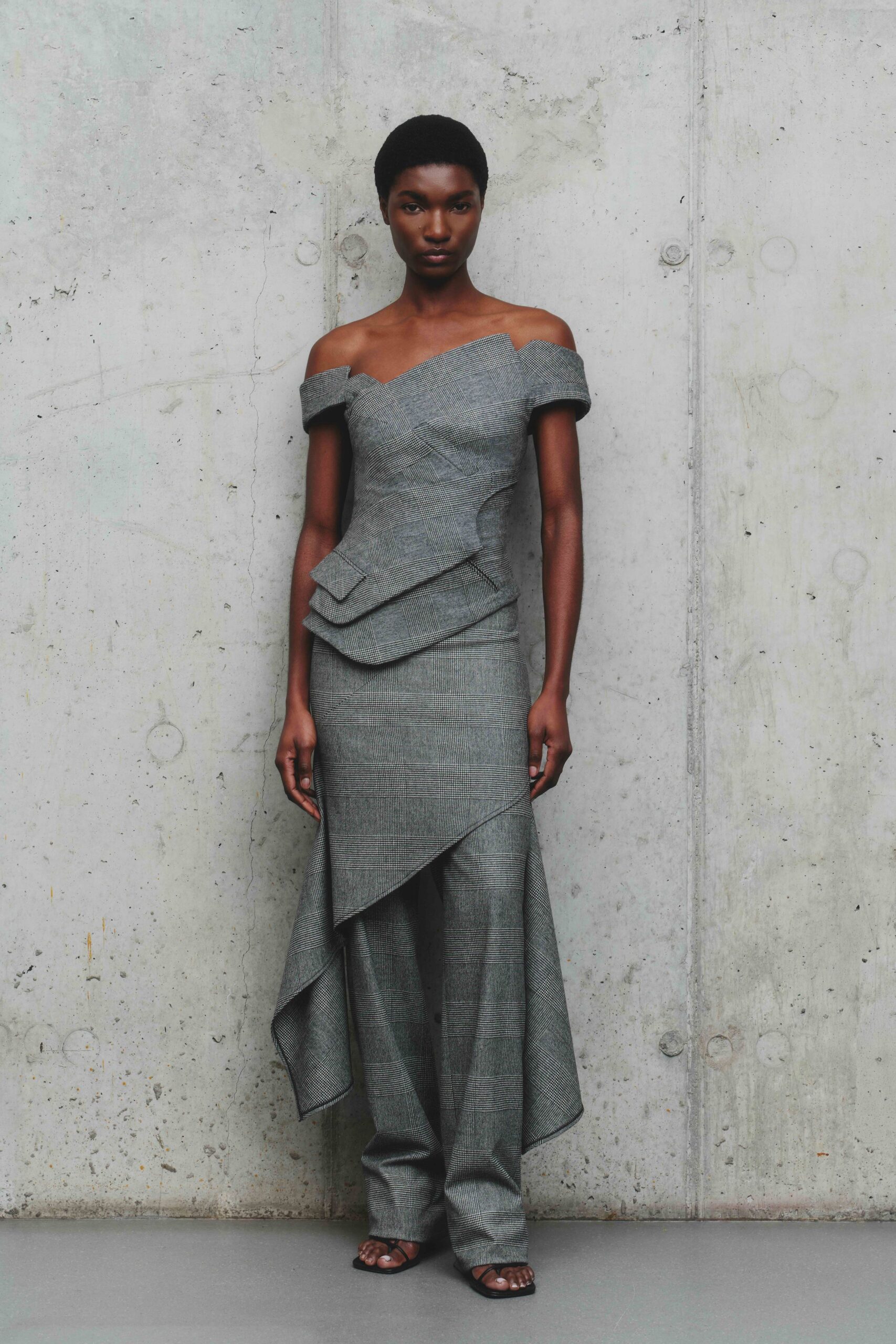 gray cotton off-shoulder asymmetric fitted draped maxi gown
