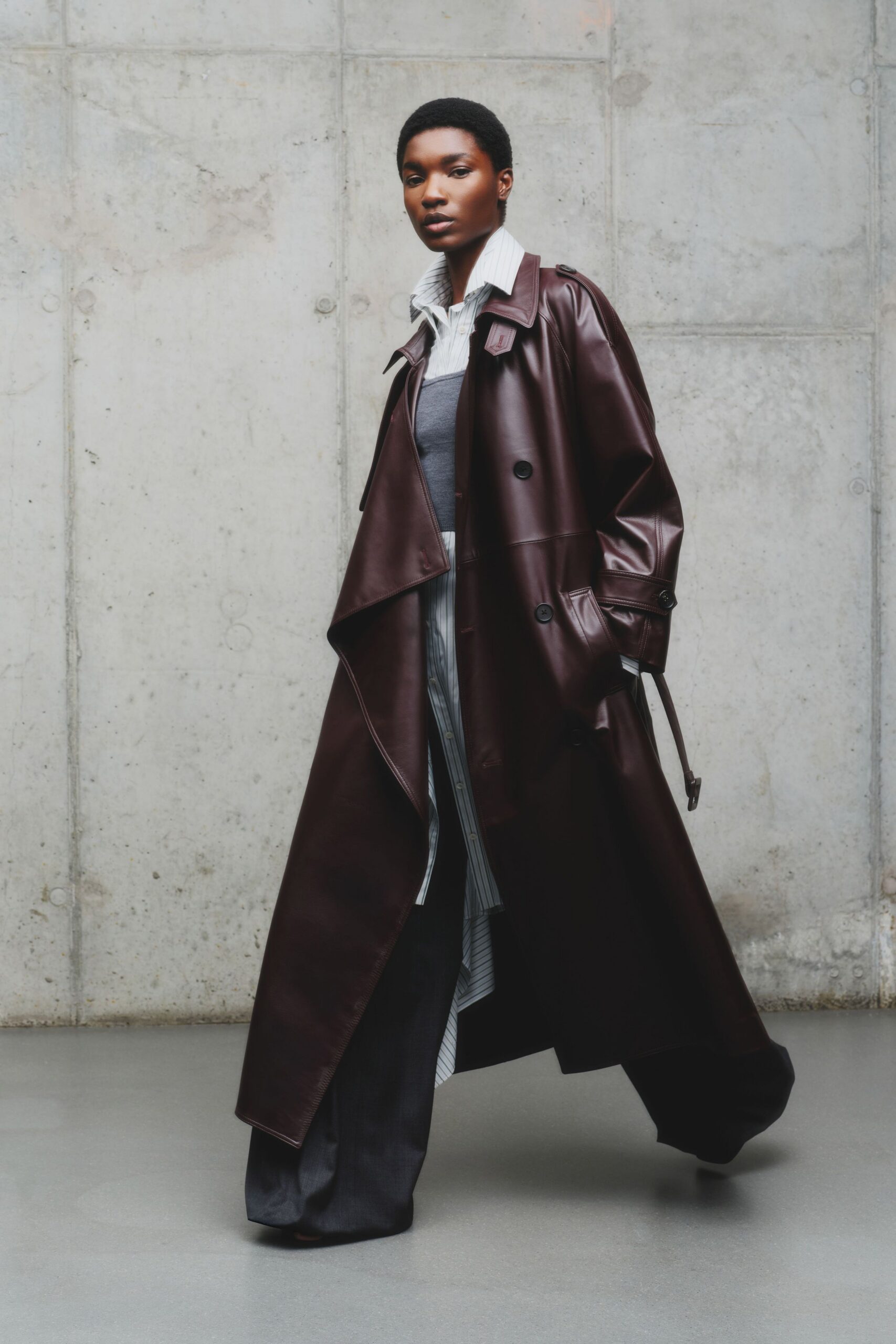 brown leather long-sleeve collared relaxed belted maxi coat