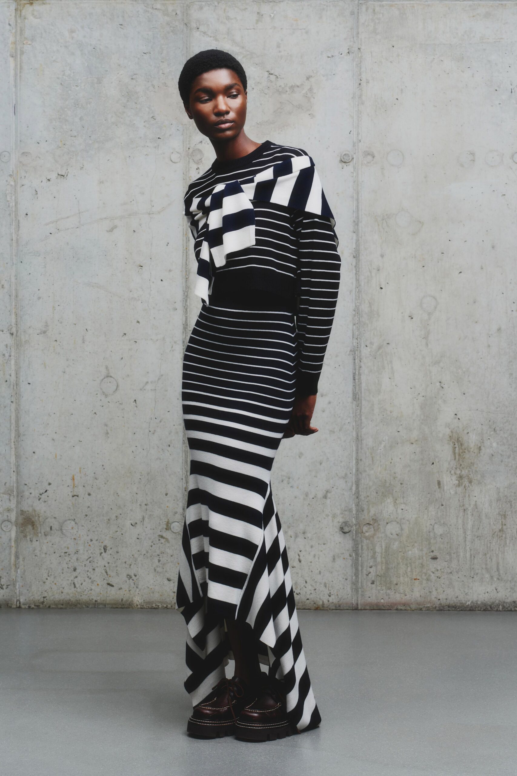 black cotton long-sleeve v-neck fitted striped maxi dress