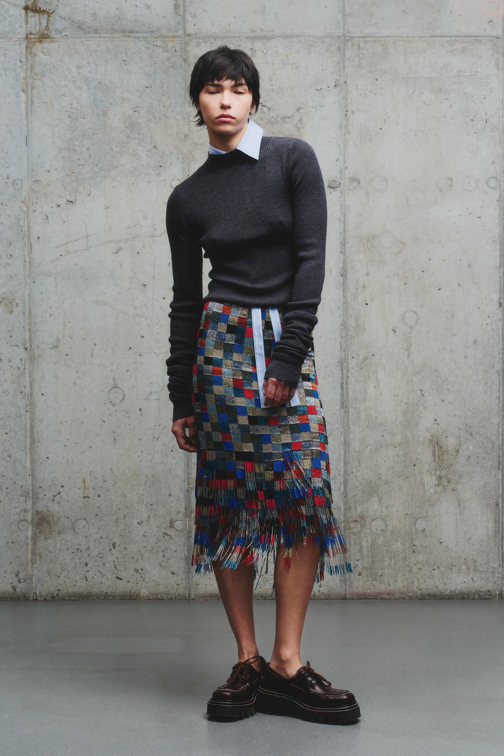 black wool long-sleeve collared fitted ribbed sweater
