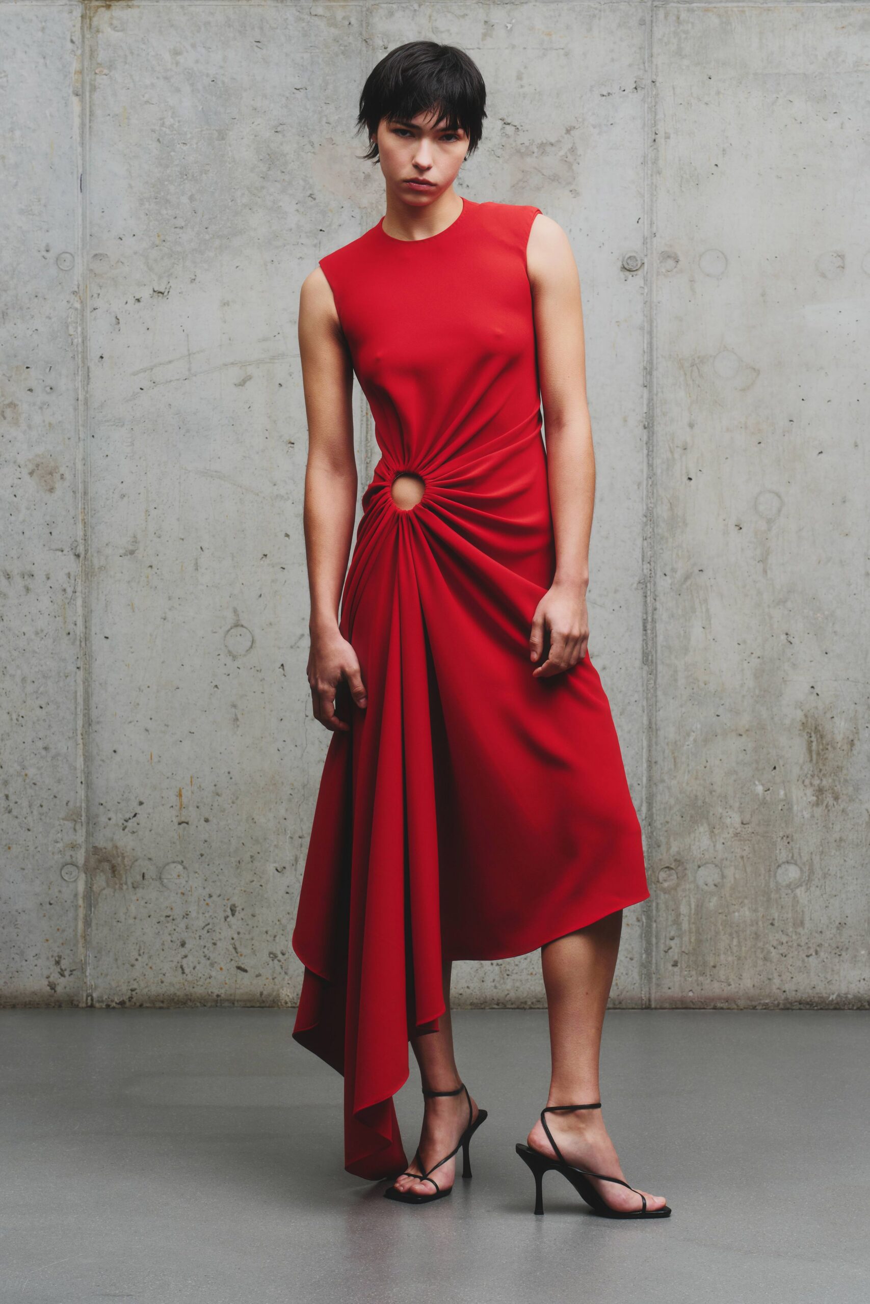 red silk sleeveless high-neck fitted draped midi dress