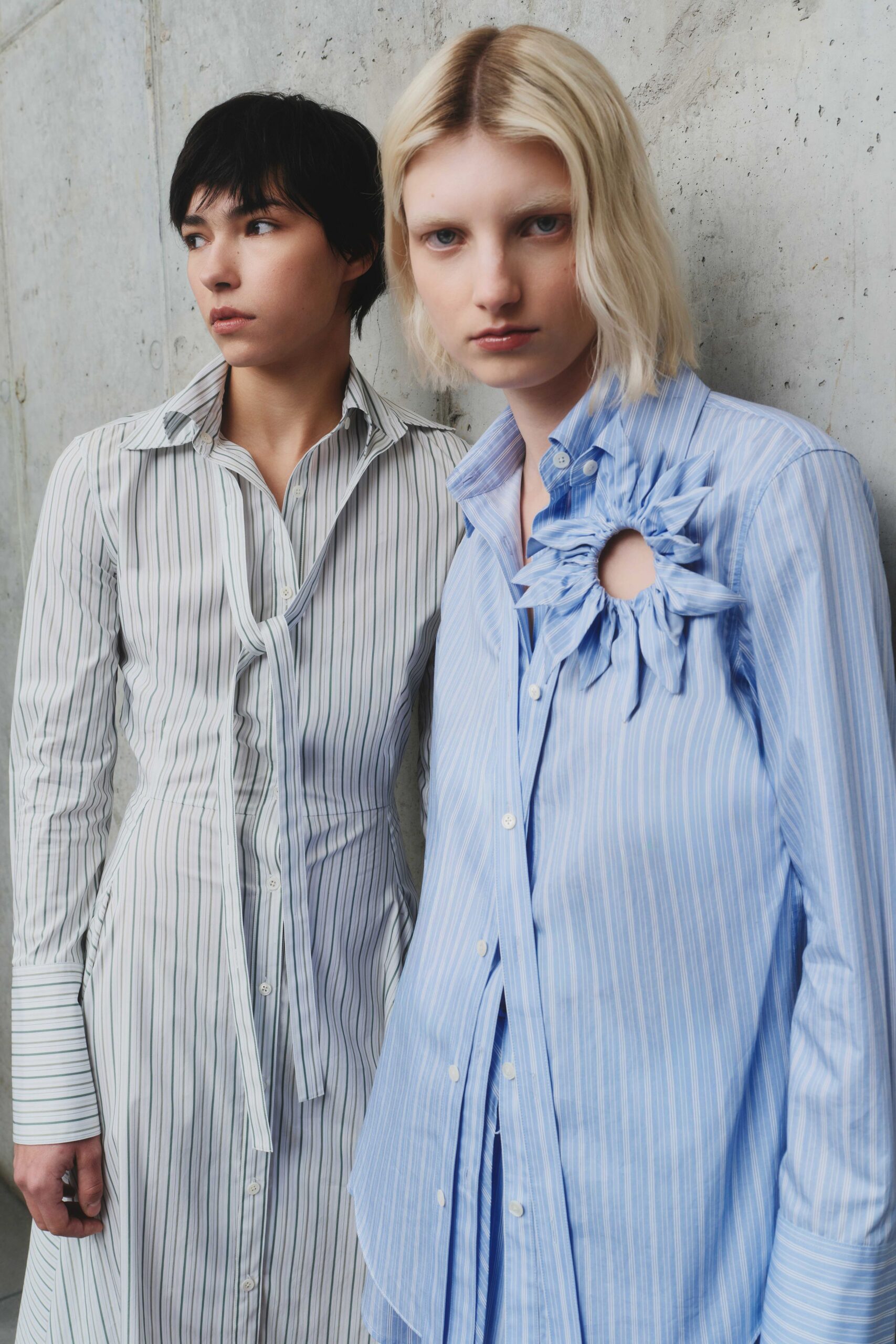 white cotton long-sleeve collared fitted striped buttoned shirt-dress