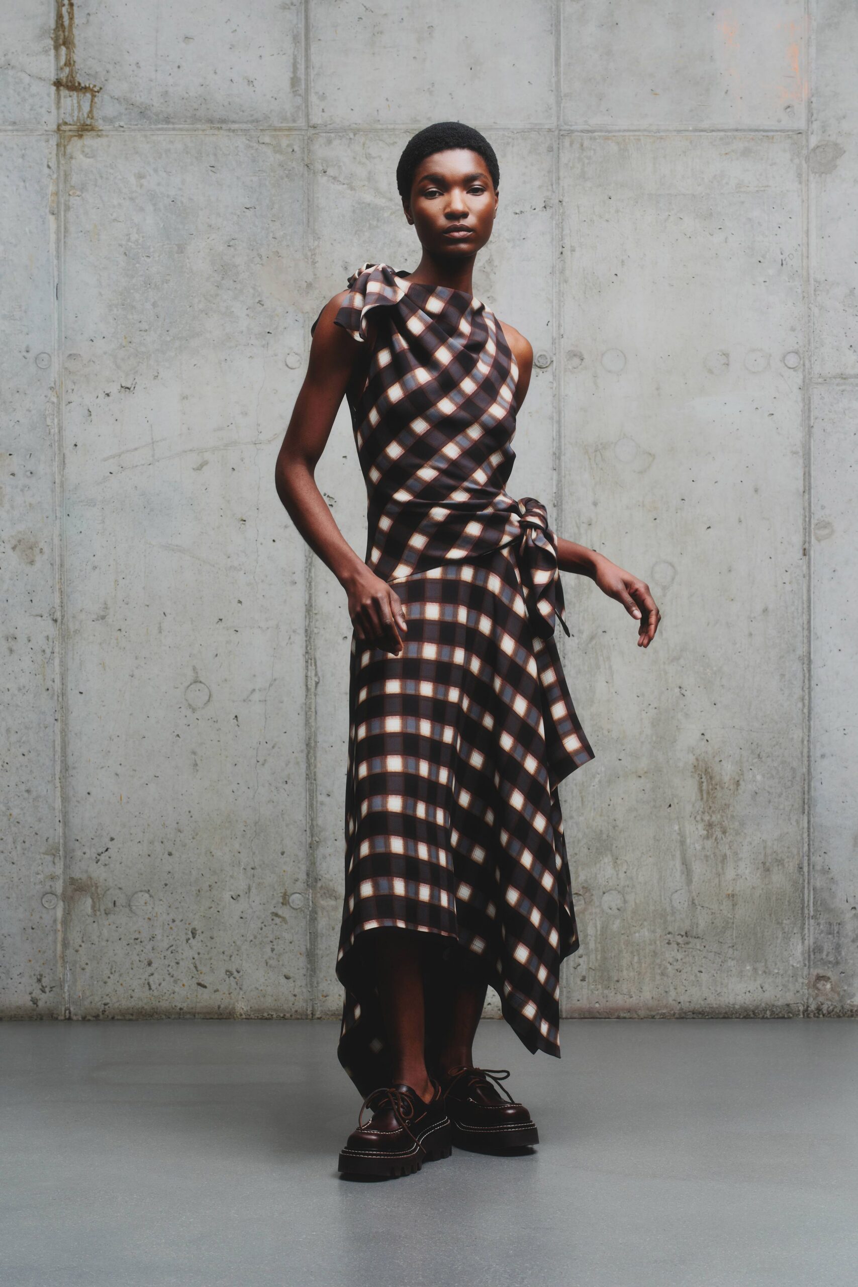black silk sleeveless asymmetric fitted checked draped dress