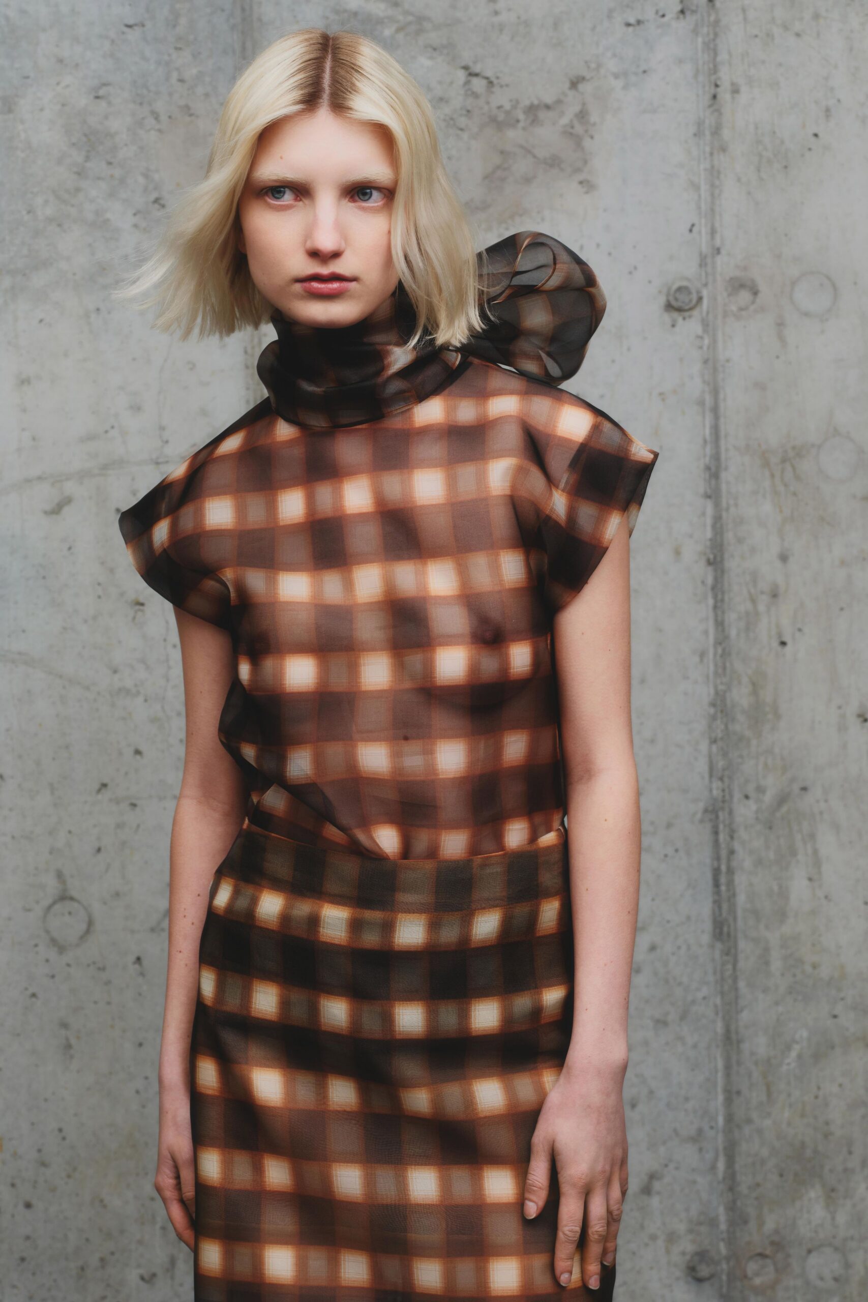 brown beige checked midi dress
