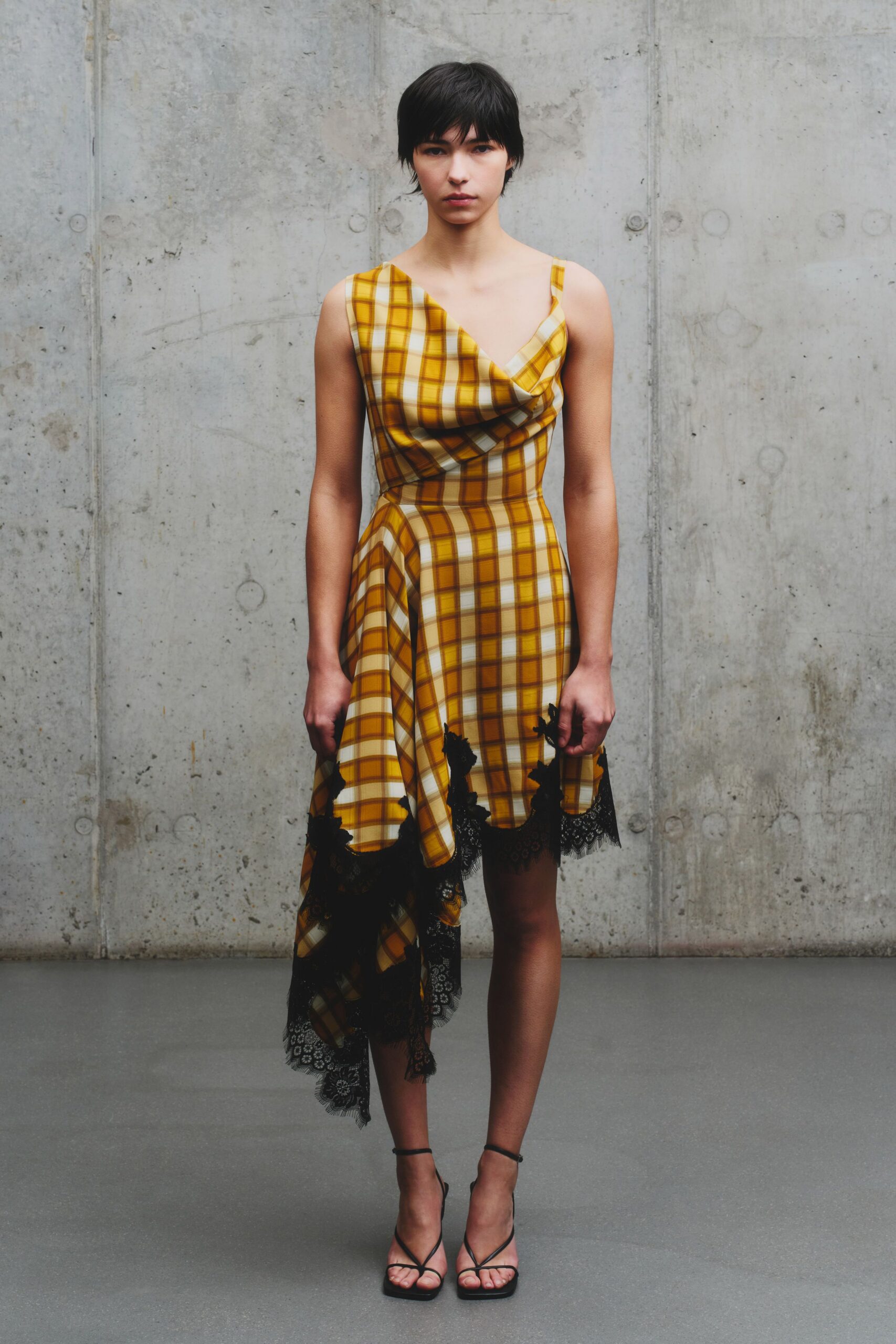 yellow cotton sleeveless asymmetric fitted checked draped dress