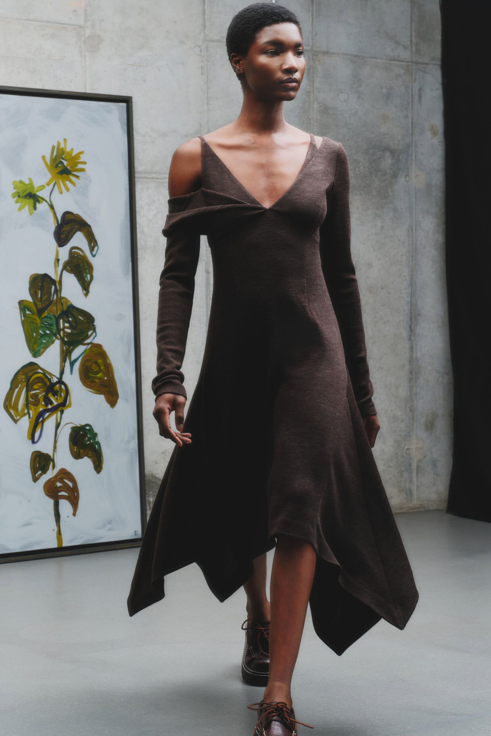 brown wool long-sleeve v-neck fitted draped midi dress
