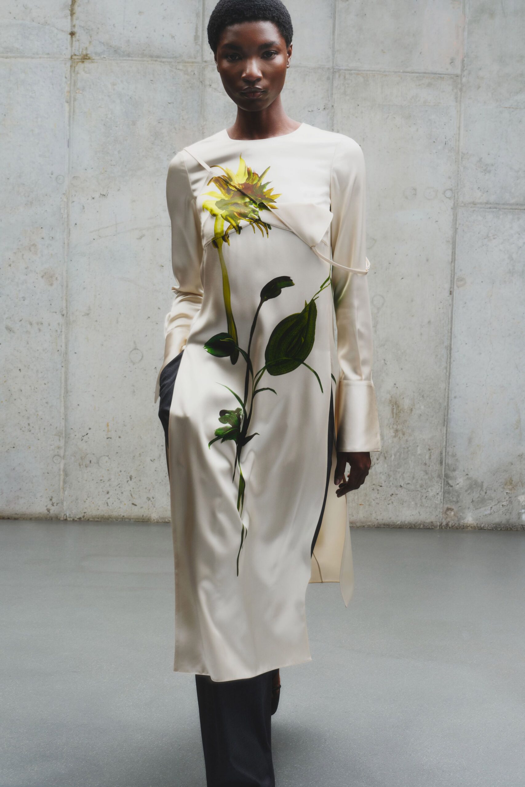 ivory silk long-sleeve collared fitted embroidered midi dress