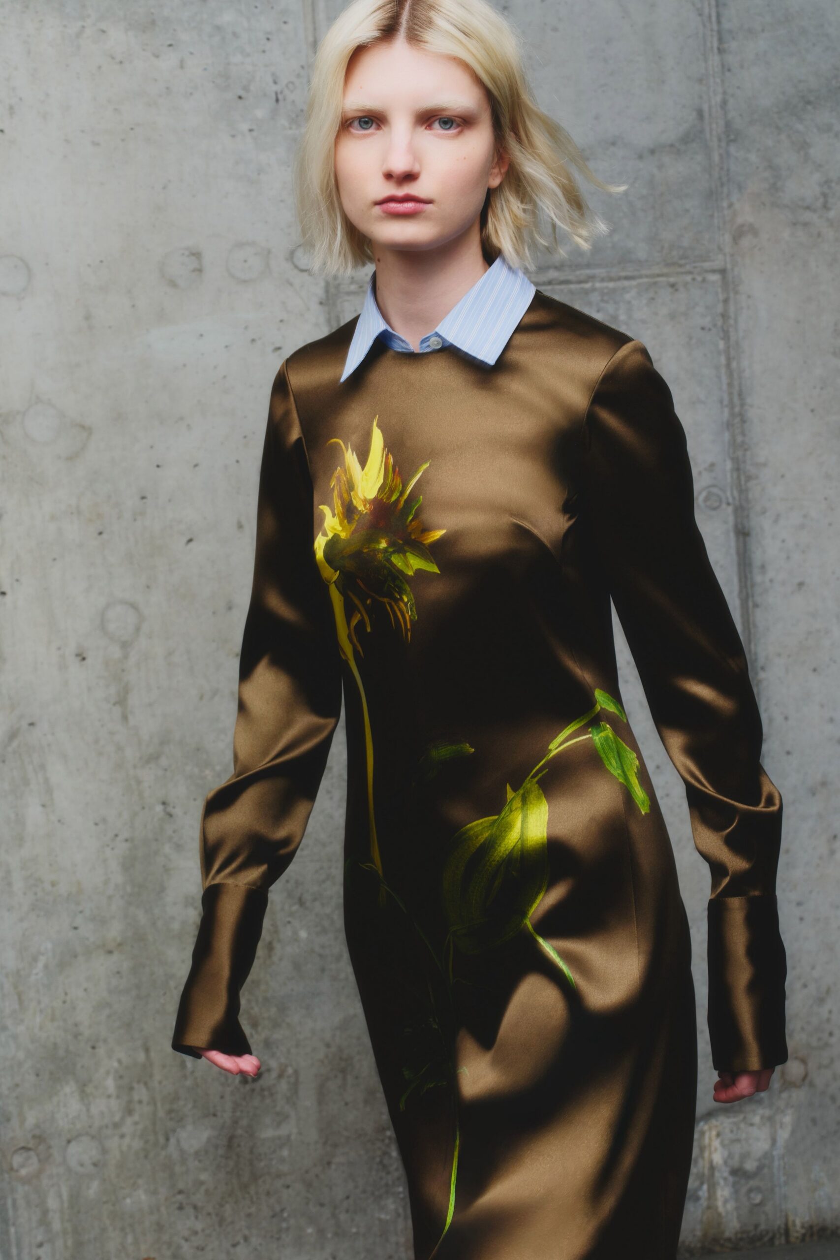 brown silk printed midi dress
