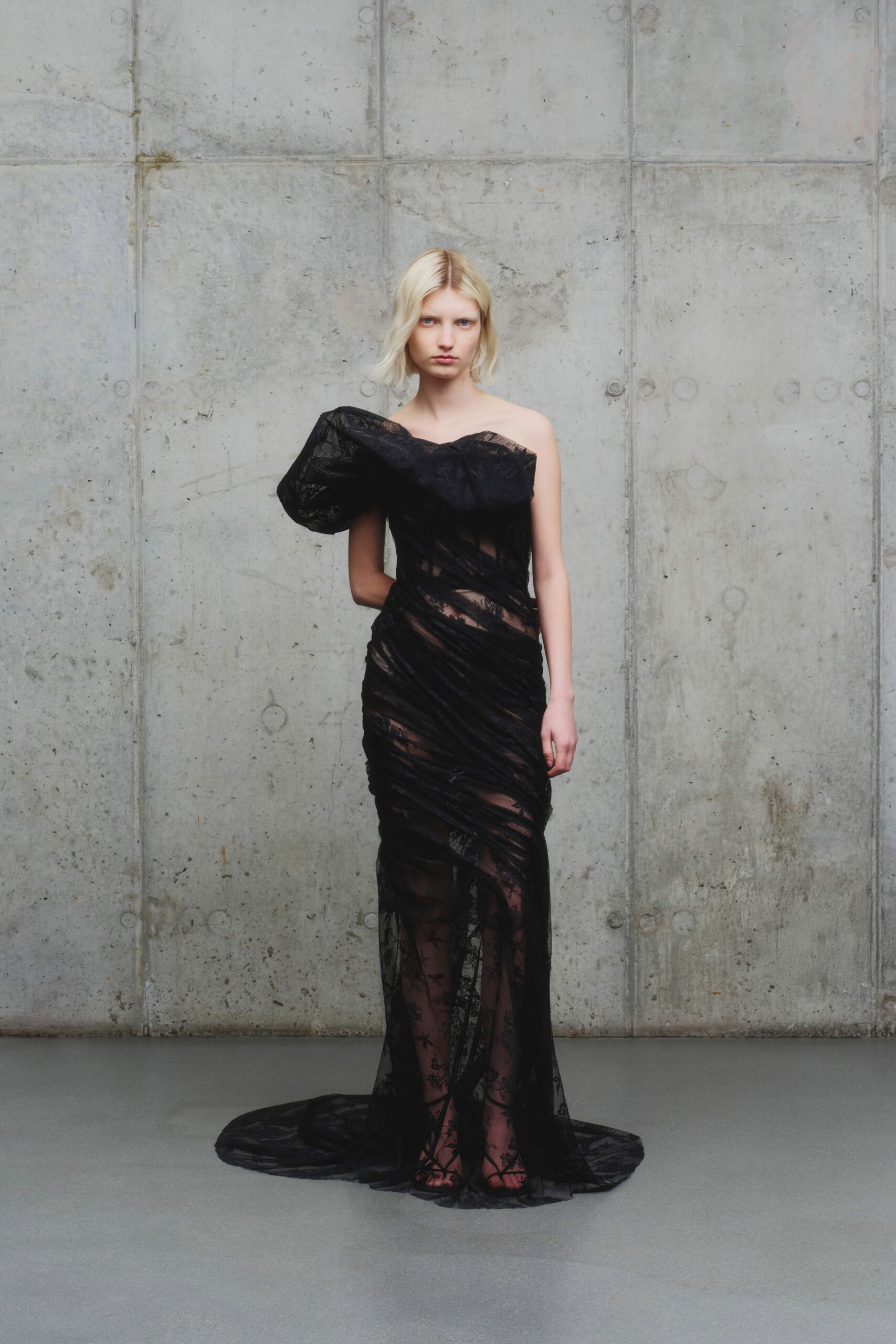 black lace off-shoulder gown