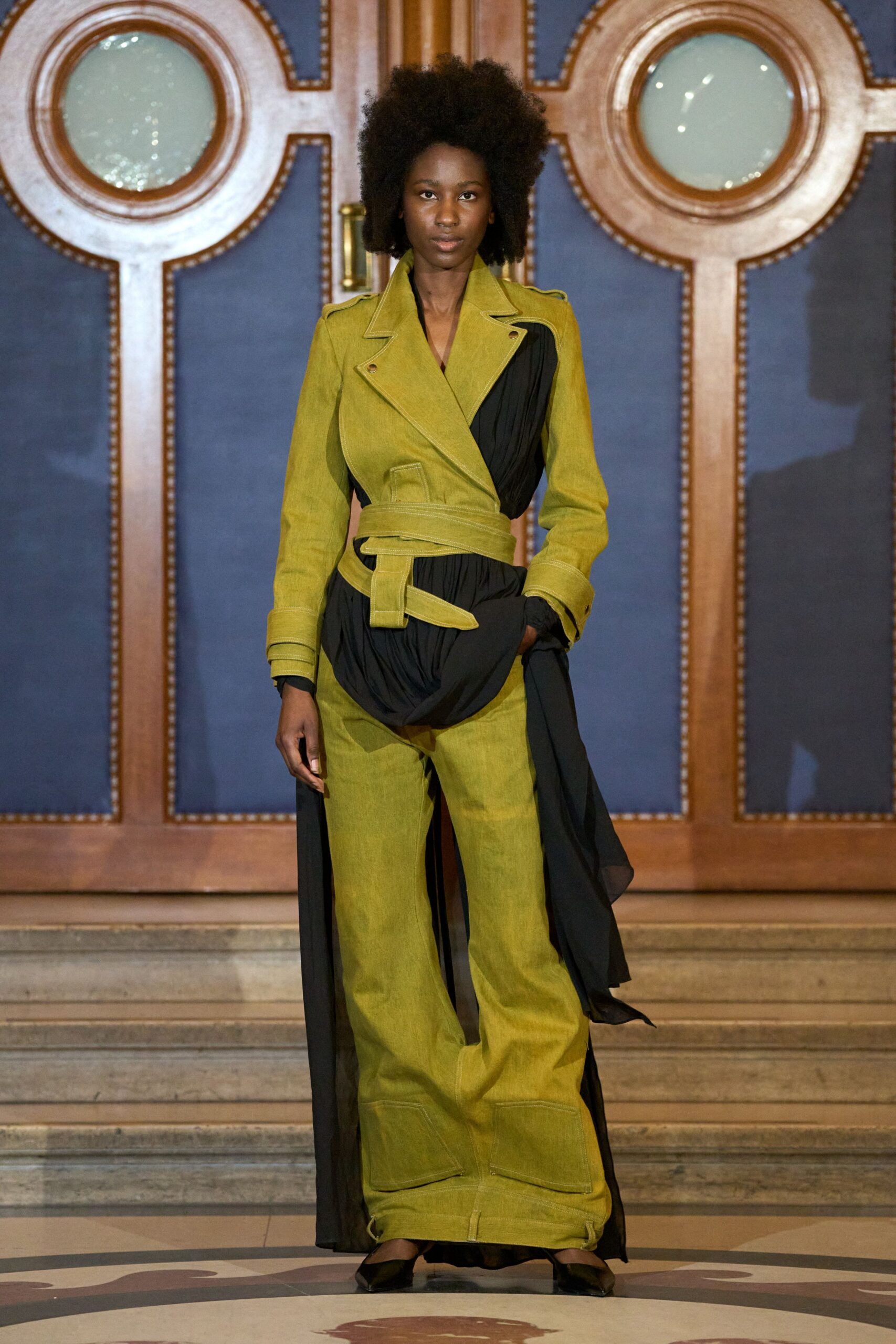 yellow cotton long-sleeve collared fitted belted jumpsuit